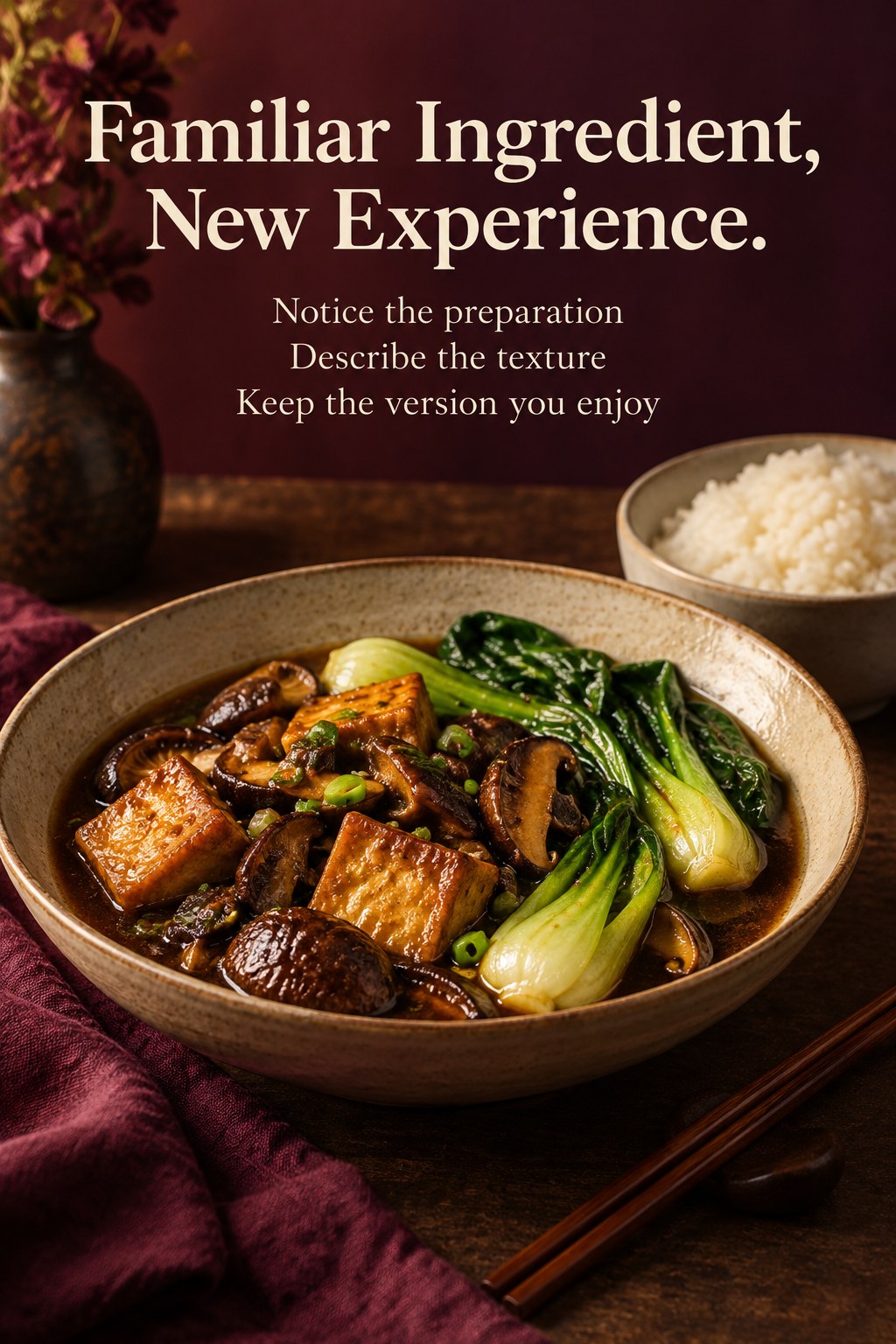 Braised tofu and vegetables in a shallow bowl with text inviting curiosity about a familiar ingredient.