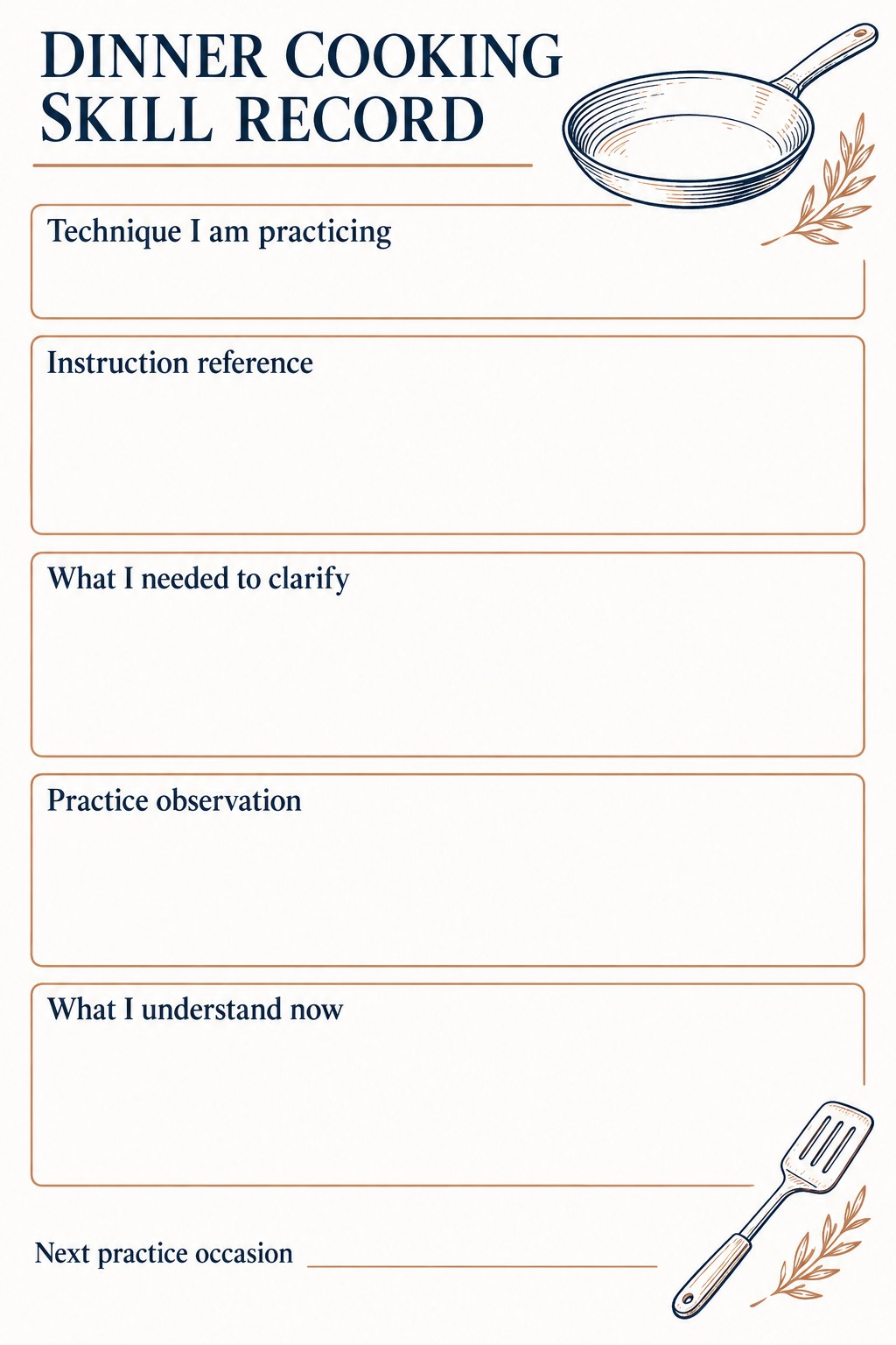 Blank main-dish skill practice sheet with technique, instruction reference, challenge, and learning fields.