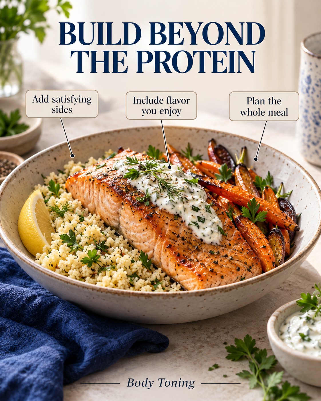 Salmon served with couscous, roasted carrots and yogurt herb sauce as a complete meal.