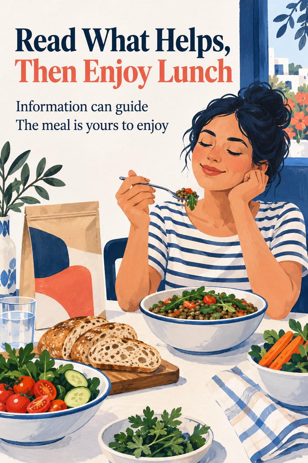 A lunch plate beside a turned-away generic package with the words Read What Helps, Then Enjoy Lunch.