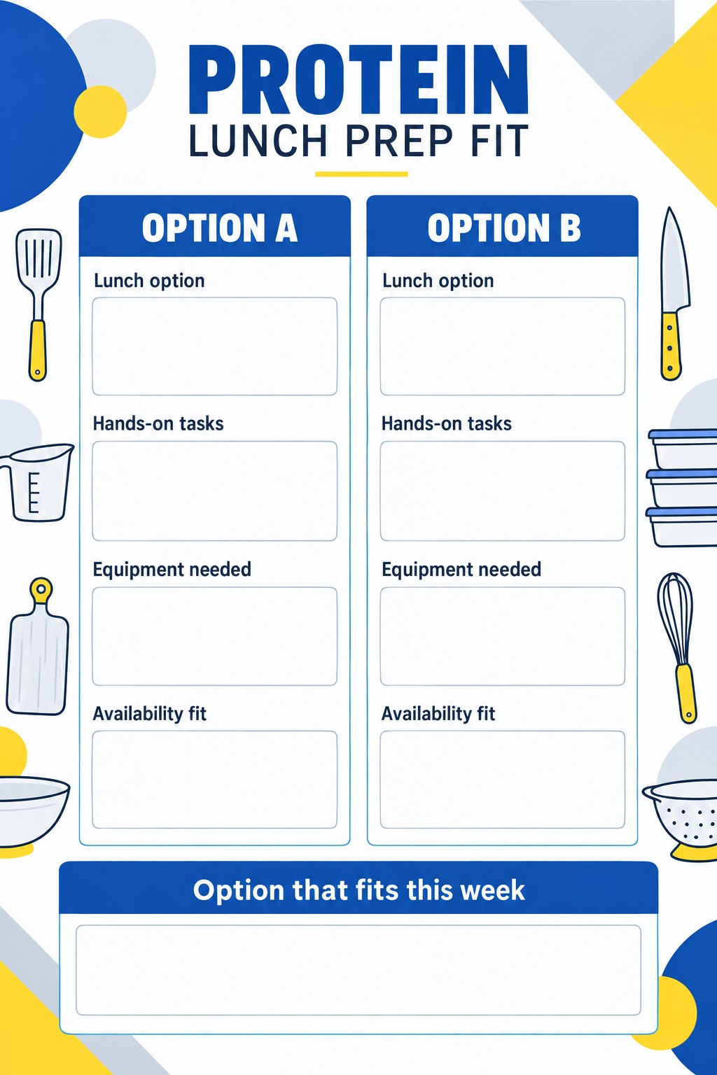 Blank two-option protein lunch preparation review with task, equipment, and availability fields.