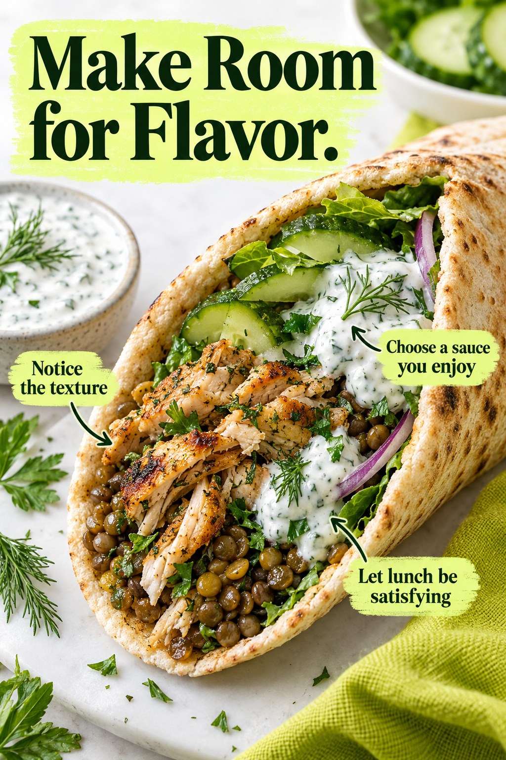 Chicken and lentil pita lunch with a spoonful of yogurt sauce and text welcoming flavor and comfort.