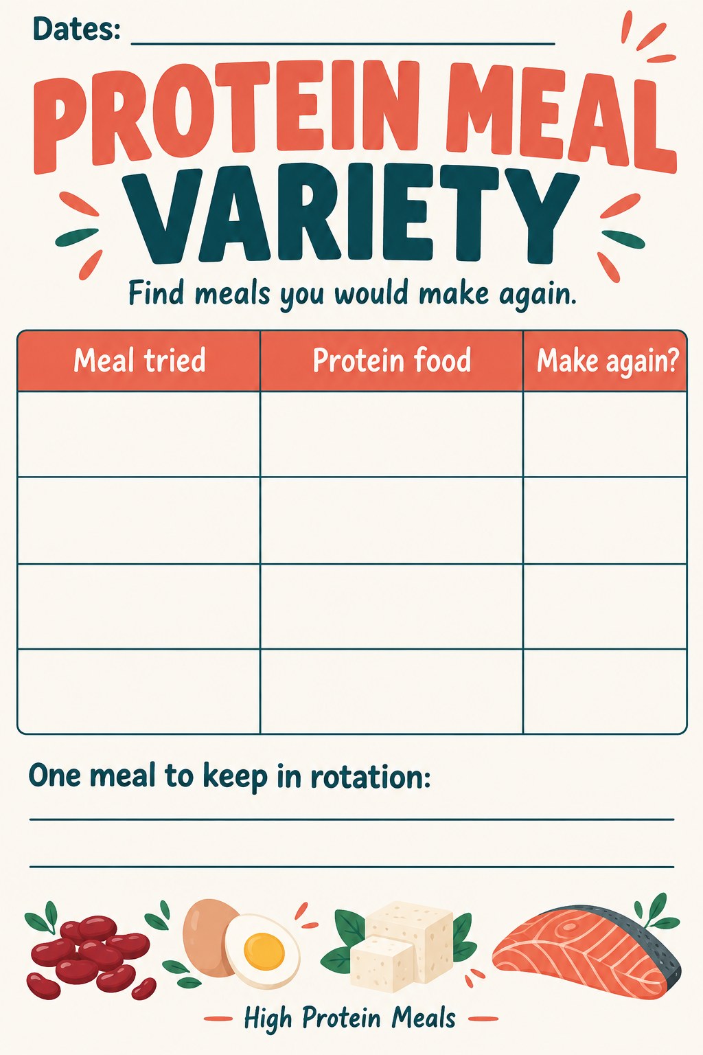 Blank four-row protein meal variety record with columns for meal, protein food, and repeat preference