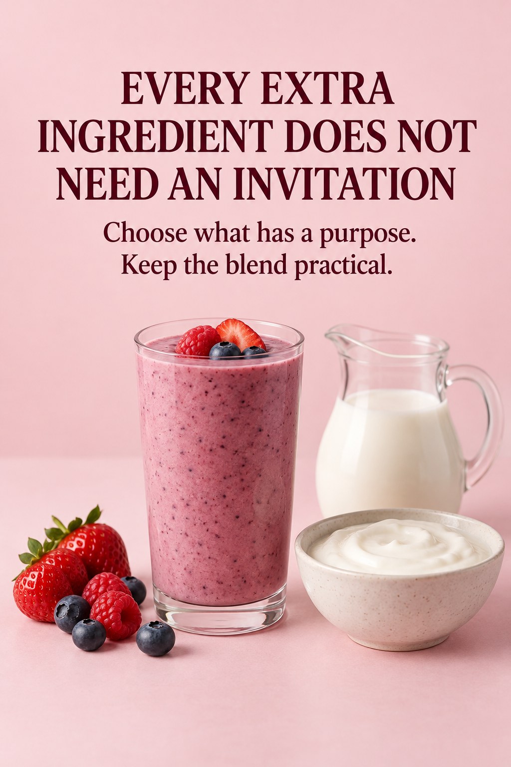 Simple berry yogurt smoothie with a few familiar ingredients beside a message about avoiding unnecessary extras.
