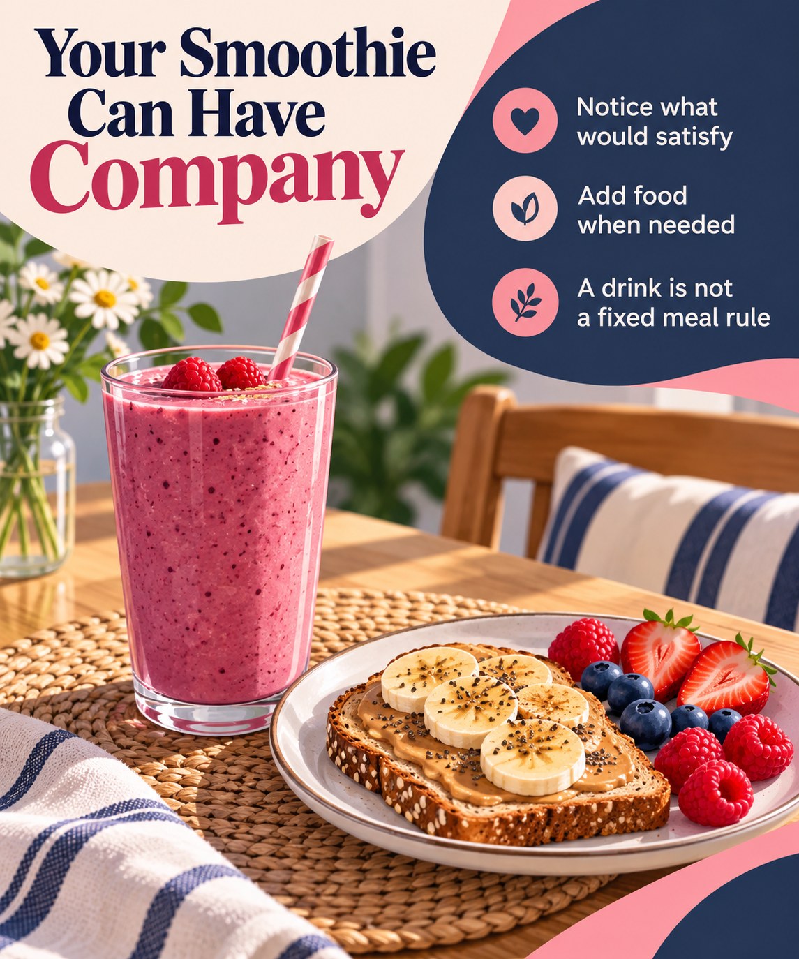 Berry yogurt smoothie beside toast with nut butter and fruit, with a headline welcoming a food companion.