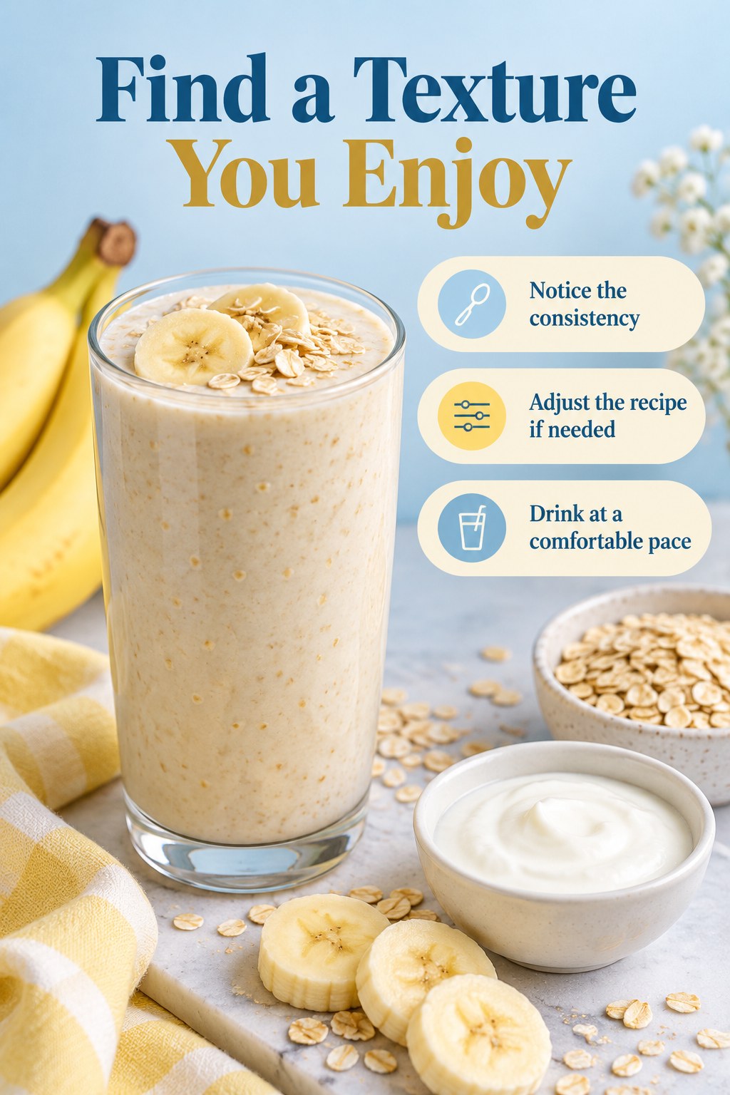 Banana yogurt smoothie in a glass beside oats and a spoon with texture-focused mindful drinking prompts.
