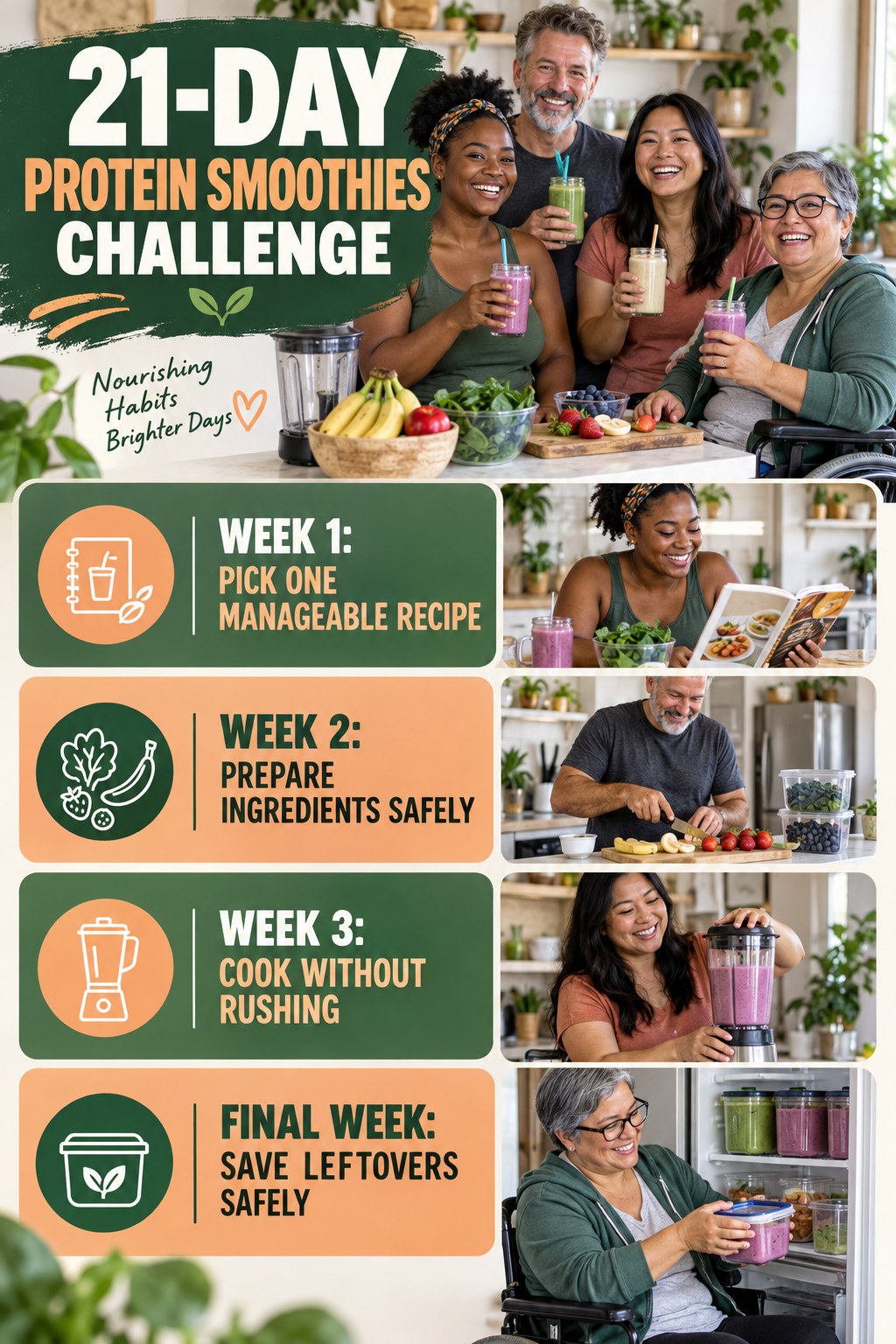21-day Protein Smoothies challenge graphic showing four manageable milestones for consistent practice.