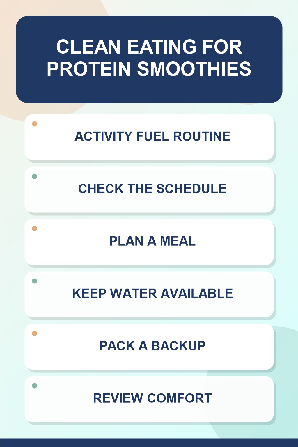 Activity Fuel Routine clean eating infographic for Protein Smoothies, showing five practical planning and preparation stages.