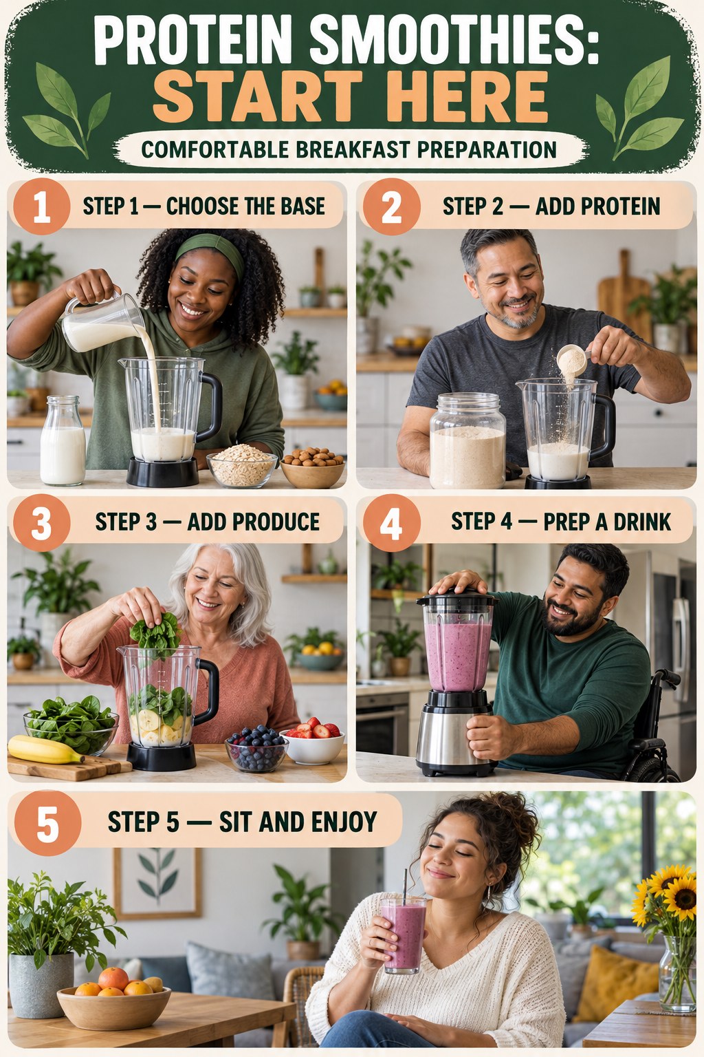 Protein Smoothies beginner guide graphic showing five manageable stages for comfortable breakfast preparation.