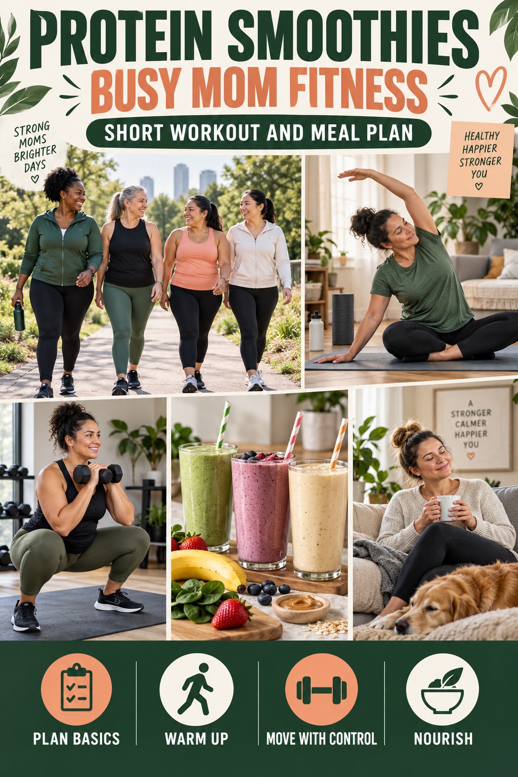 Protein Smoothies busy-mom fitness graphic titled Short Workout and Meal Plan with four practical movement prompts.