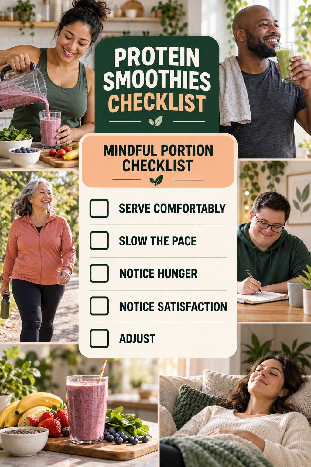 Protein Smoothies checklist graphic titled Mindful Portion Checklist with five clear practical wellness items.