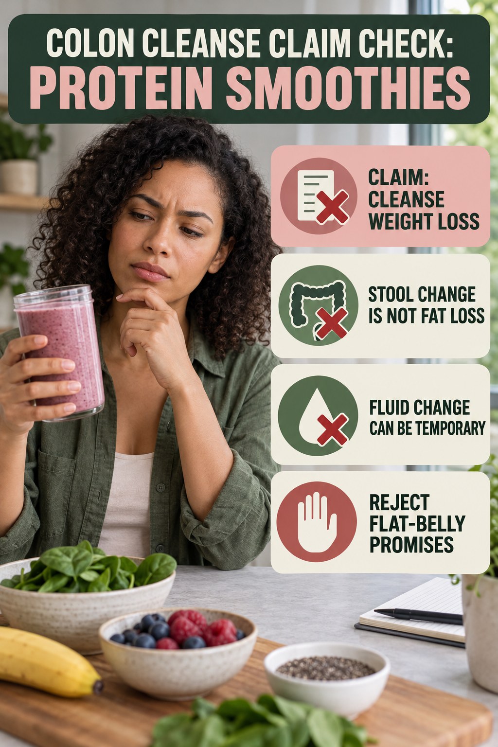 Weight-Loss and Flat-Belly Claims infographic for Protein Smoothies, separating a colon-cleanse marketing claim from evidence, reasonable conclusions, and safety context.