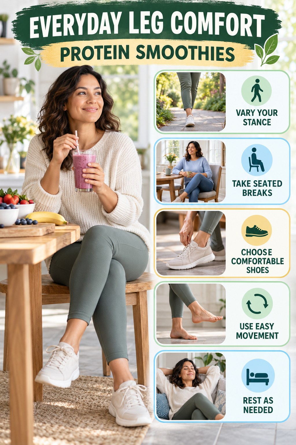 Comfort After a Day on Your Feet infographic for Protein Smoothies with five gentle movement, position, footwear, recovery, or safety actions.