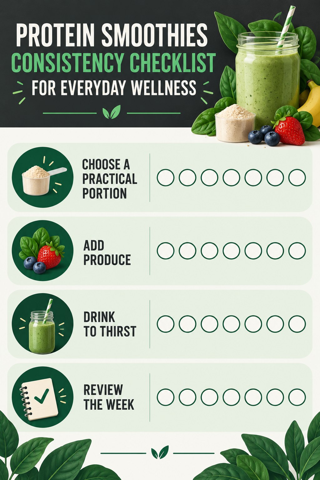 Protein Smoothies Consistency Checklist for Everyday Wellness infographic with checkboxes for choose a practical portion, add produce, drink to thirst, review the week.
