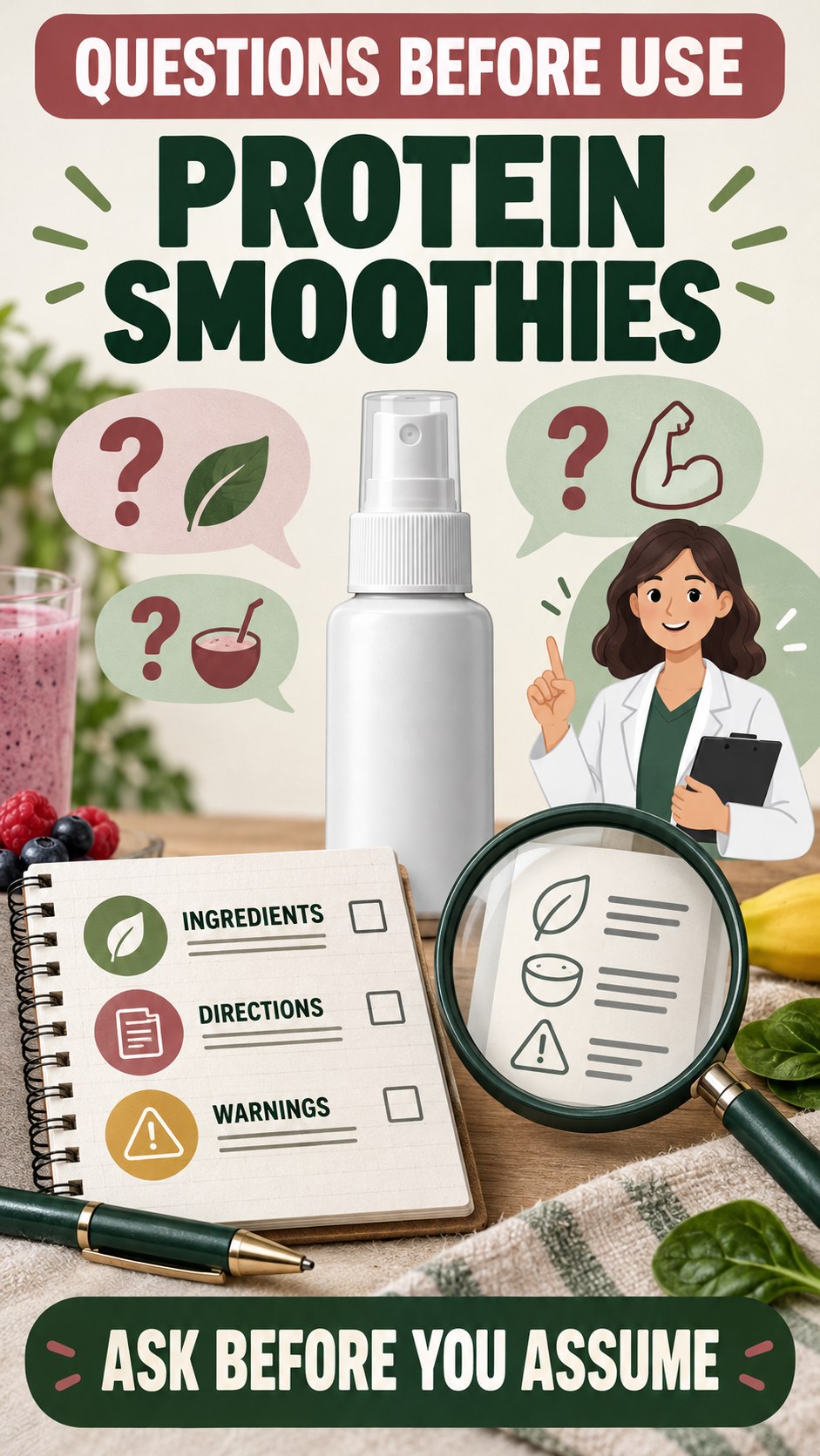 Consumer Questions Checklist infographic for Protein Smoothies, showing a generic spray-label checklist that separates available facts, missing details, and evidence questions.
