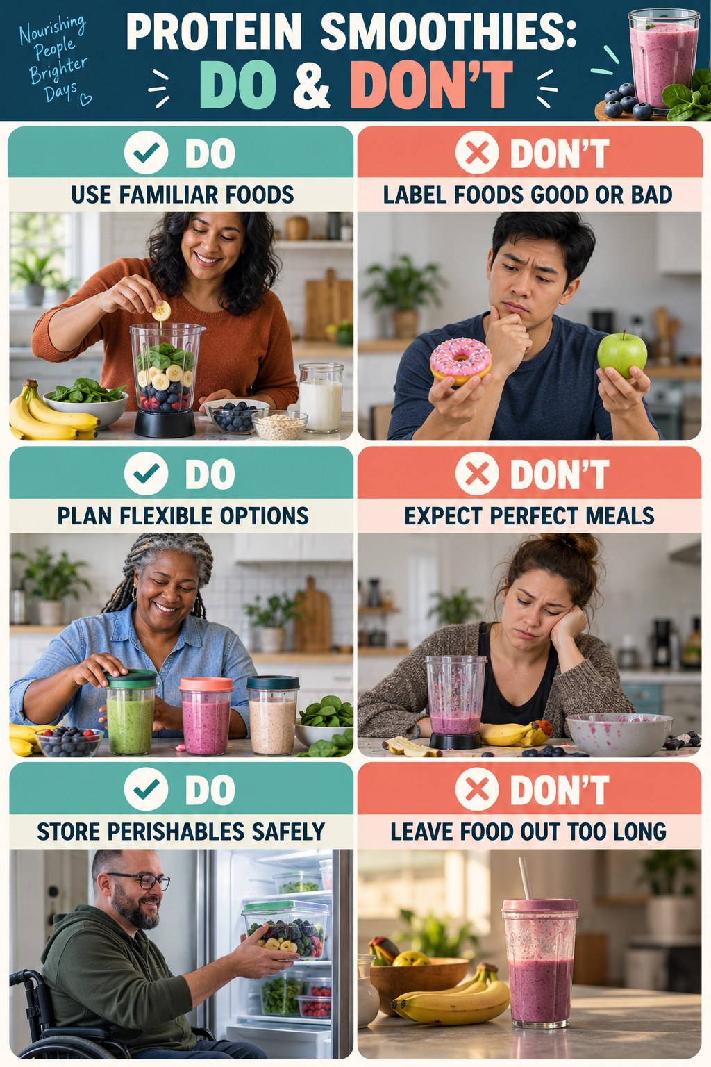 Protein Smoothies Do and Don’t comparison graphic showing three practical behavior pairs for everyday meal habits.