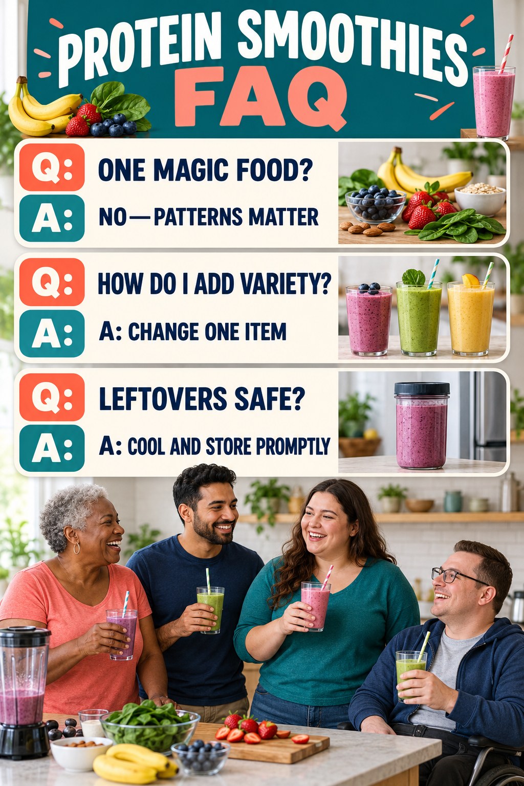 Protein Smoothies FAQ graphic with three concise questions and practical answers for beginners.