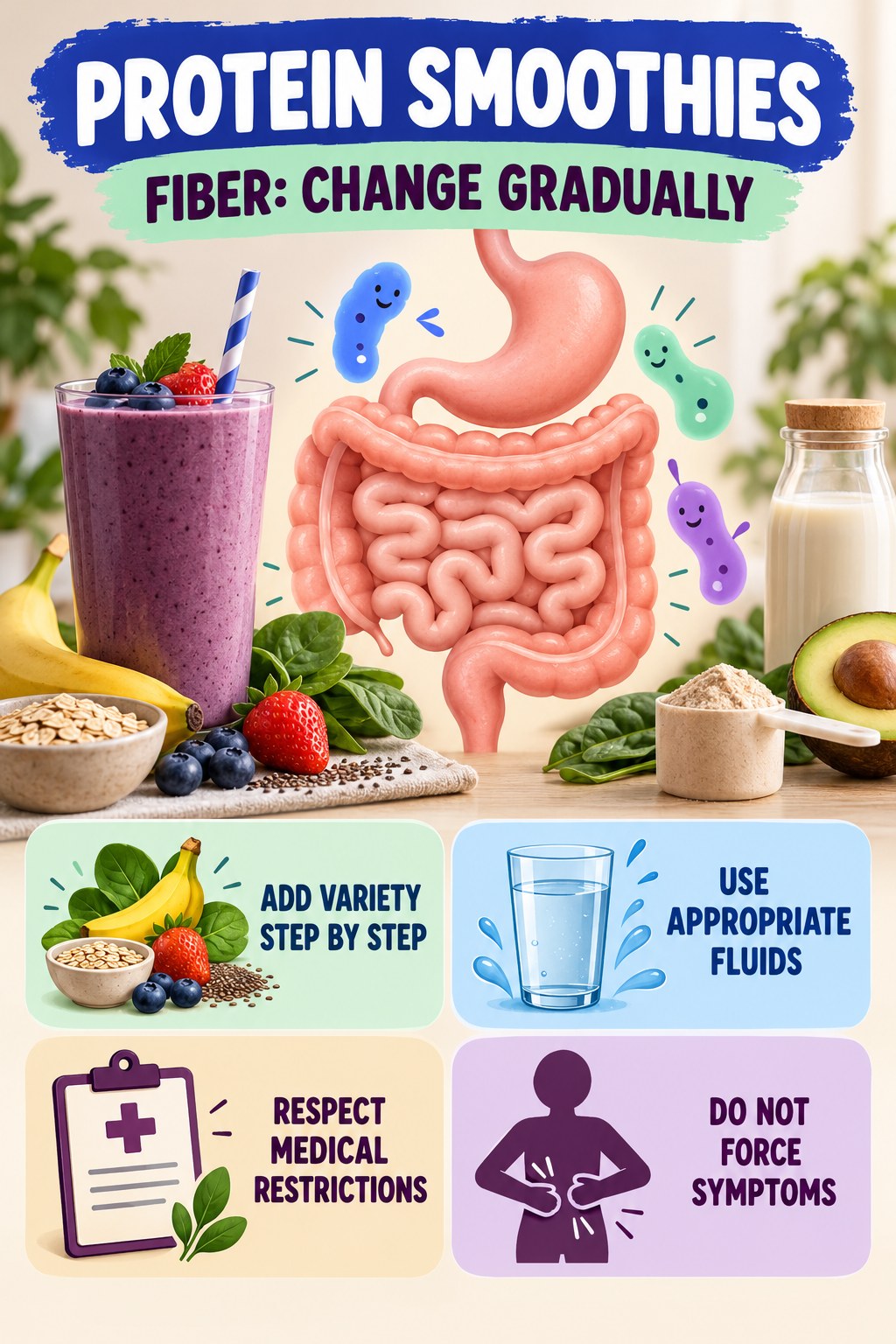 Fiber Changes Should Be Gradual educational infographic for Protein Smoothies with four evidence-aware points.