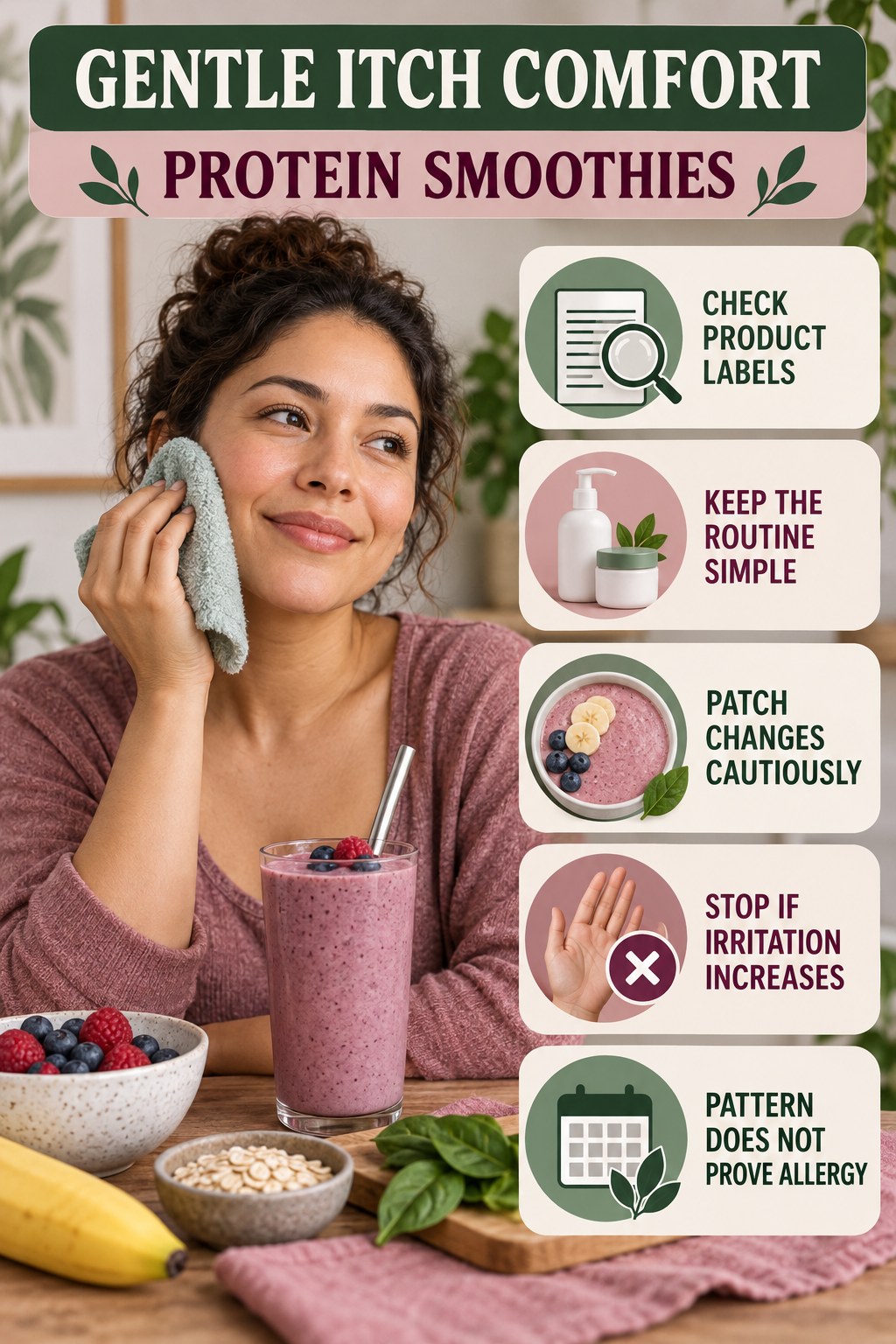 Fragrance-Free Awareness infographic for Protein Smoothies with five gentle itchy-skin comfort strategies and a non-diagnostic safety focus.