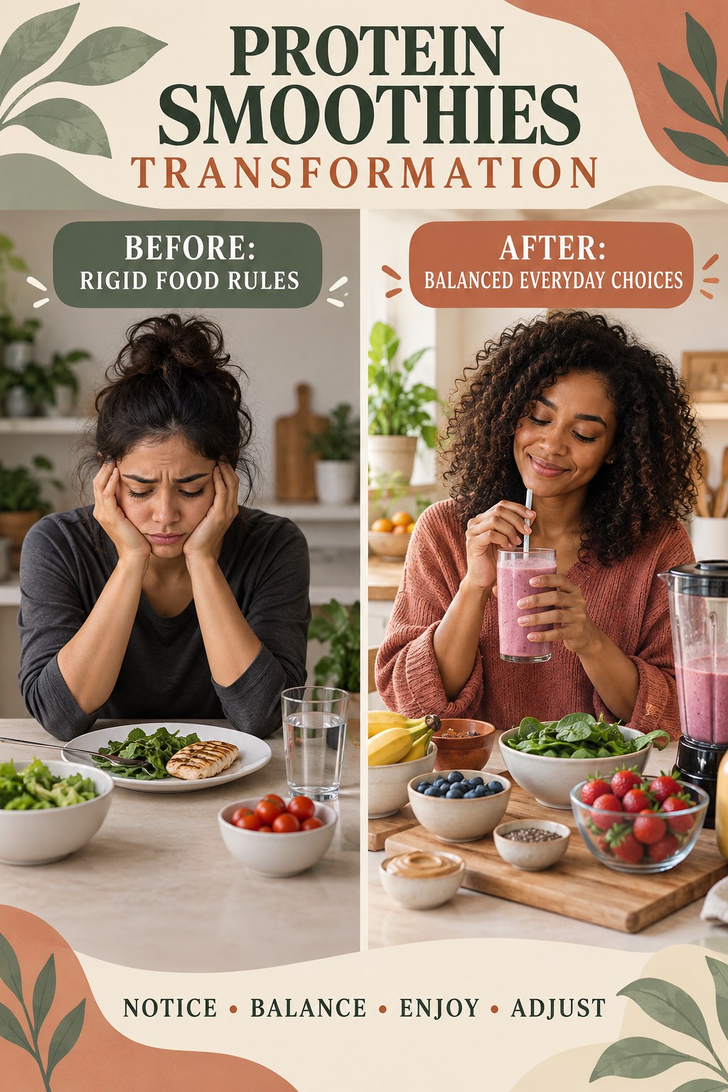 Protein Smoothies habit transformation graphic comparing rigid food rules with balanced everyday choices using four practical steps.