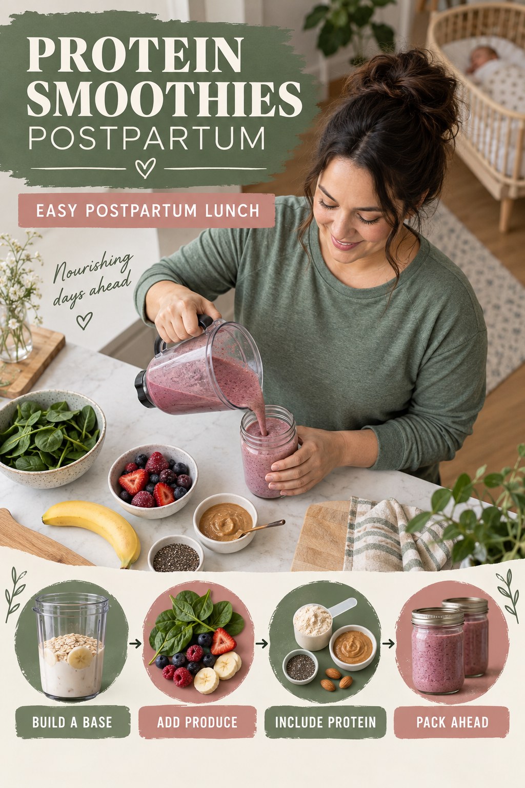 Protein Smoothies postpartum graphic titled Easy Postpartum Lunch with four gradual recovery-aware prompts.