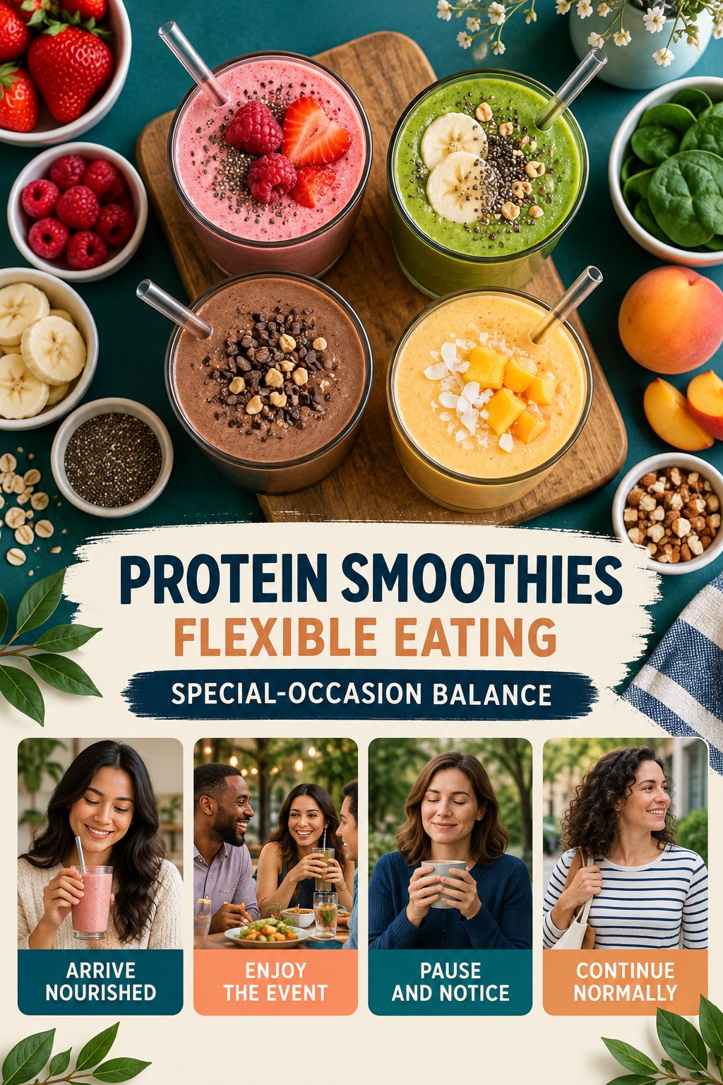 Protein Smoothies flexible eating graphic titled Special-Occasion Balance with four practical balance prompts.