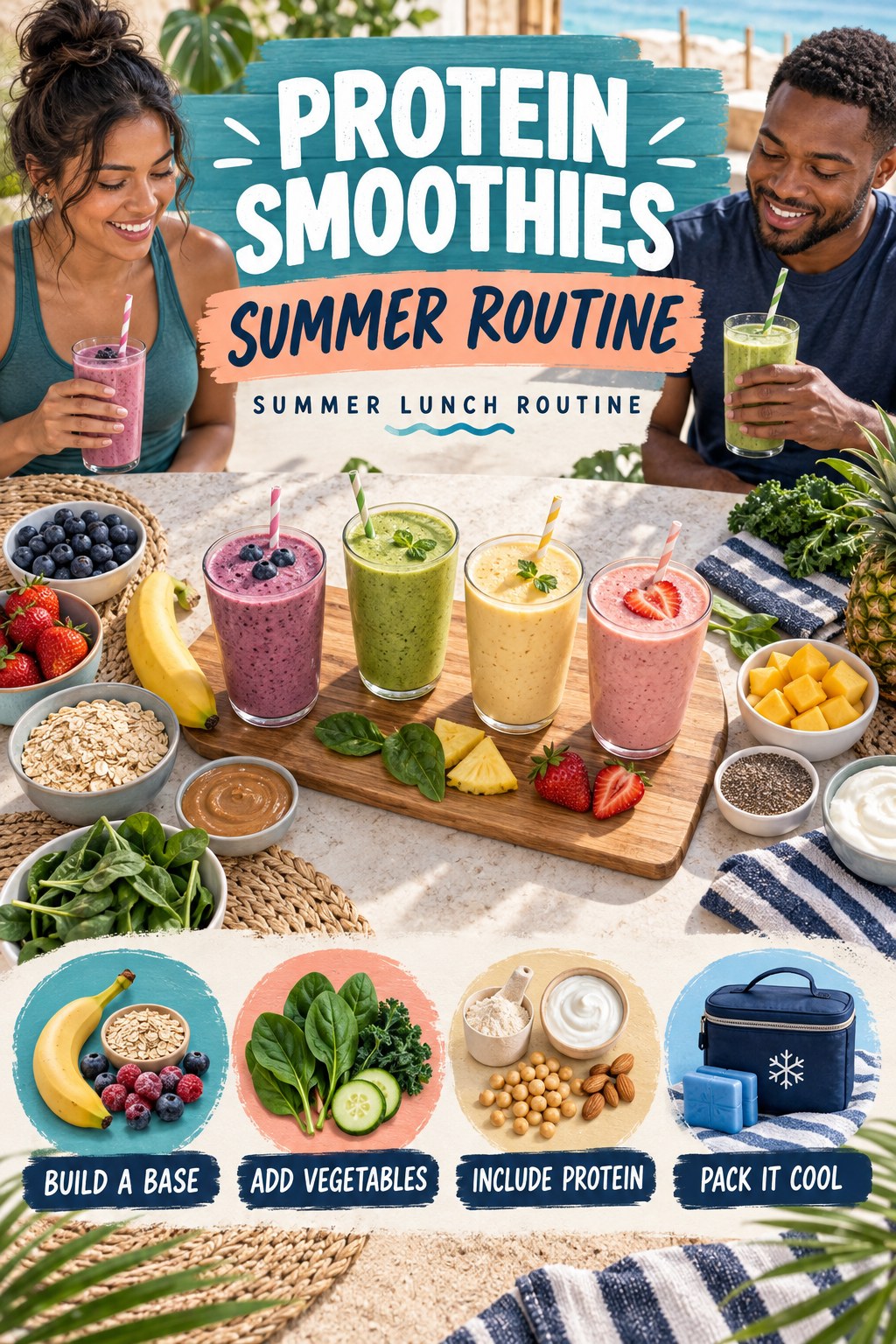 Protein Smoothies summer routine graphic titled Summer Lunch Routine with four practical wellness prompts.