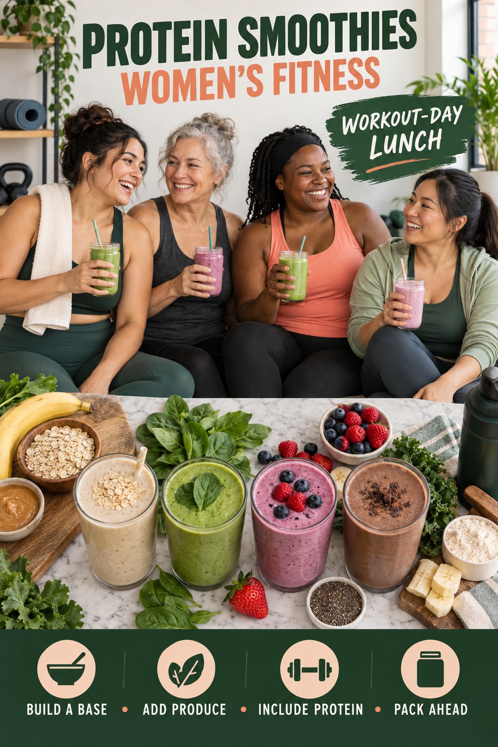 Protein Smoothies women’s fitness graphic titled Workout-Day Lunch with four practical training prompts.