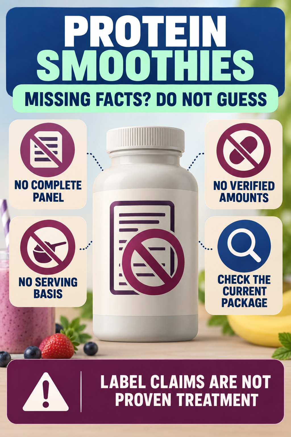 Handle a Missing Supplement Facts Panel prostate supplement label-literacy infographic for Protein Smoothies with four careful reading points.
