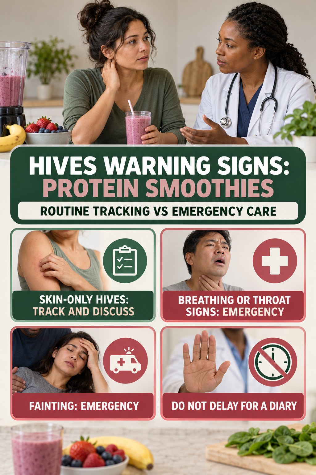 Routine Tracking vs Emergency Care infographic for Protein Smoothies, highlighting urgent breathing, throat, swelling, fainting, and rapid-progression warning signs without diagnosing hives.