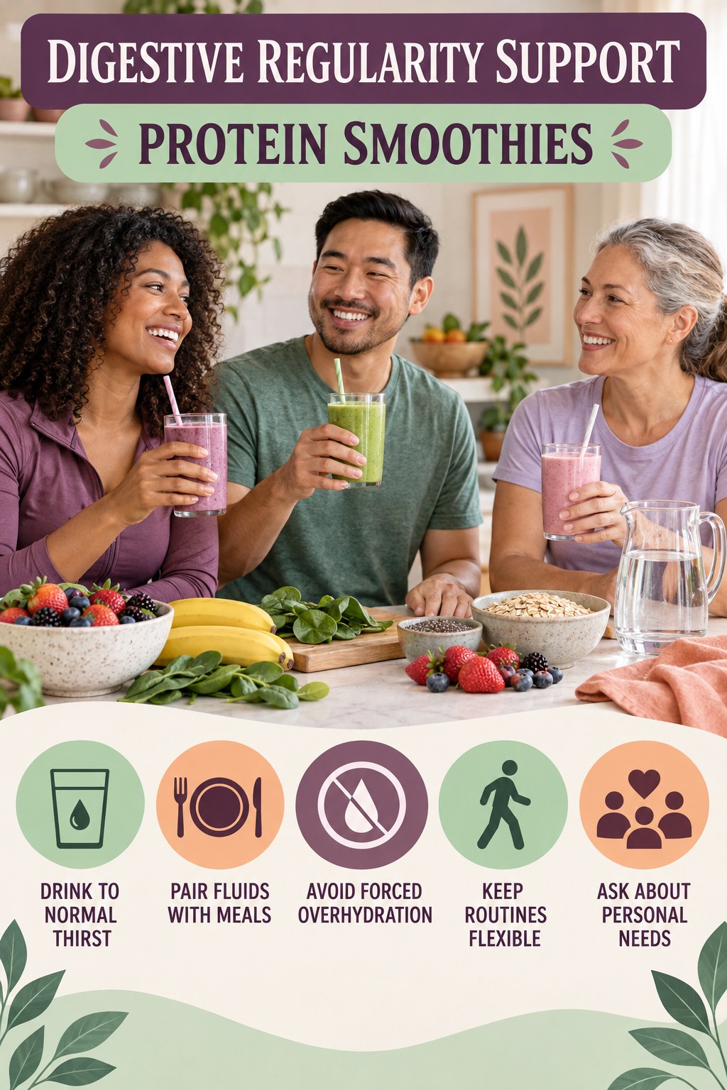 Hydration and Routine Support infographic for Protein Smoothies with five practical food, hydration, movement, or routine actions and no cleanse claims.