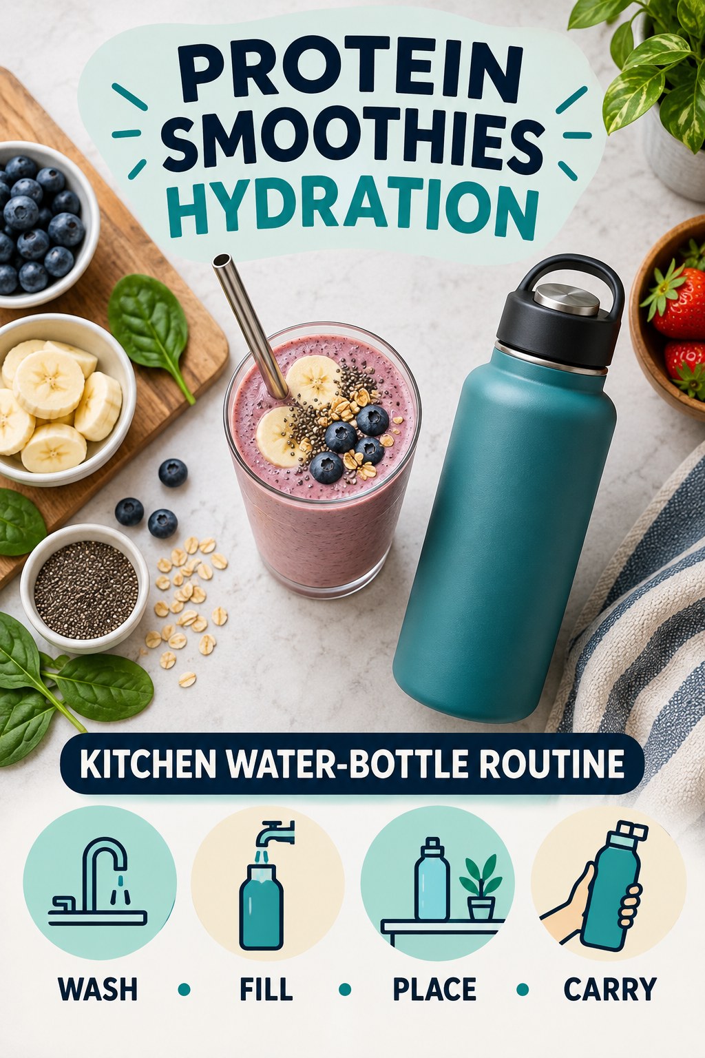 Protein Smoothies hydration graphic titled Kitchen Water-Bottle Routine with four flexible water-habit prompts and no fixed intake target.