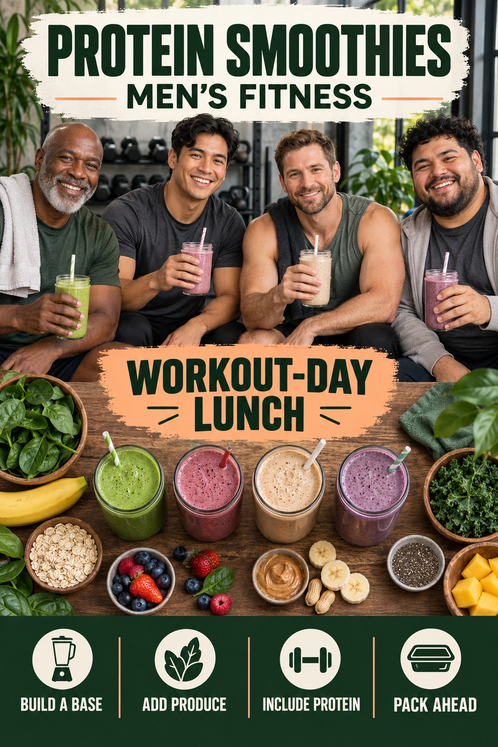 Protein Smoothies men’s fitness graphic titled Workout-Day Lunch with four practical training prompts.