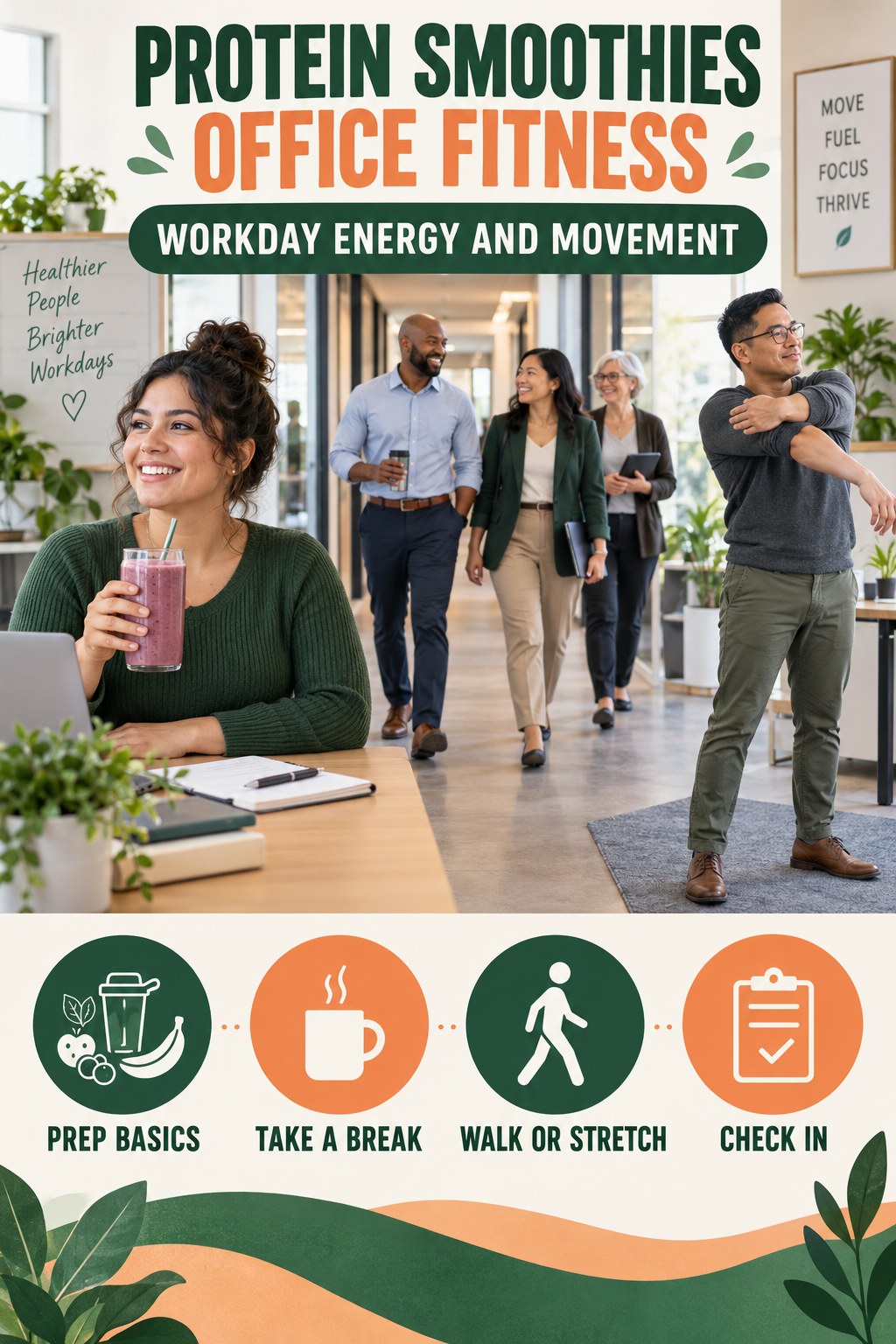 Protein Smoothies office-fitness graphic titled Workday Energy and Movement with four practical workday movement prompts.