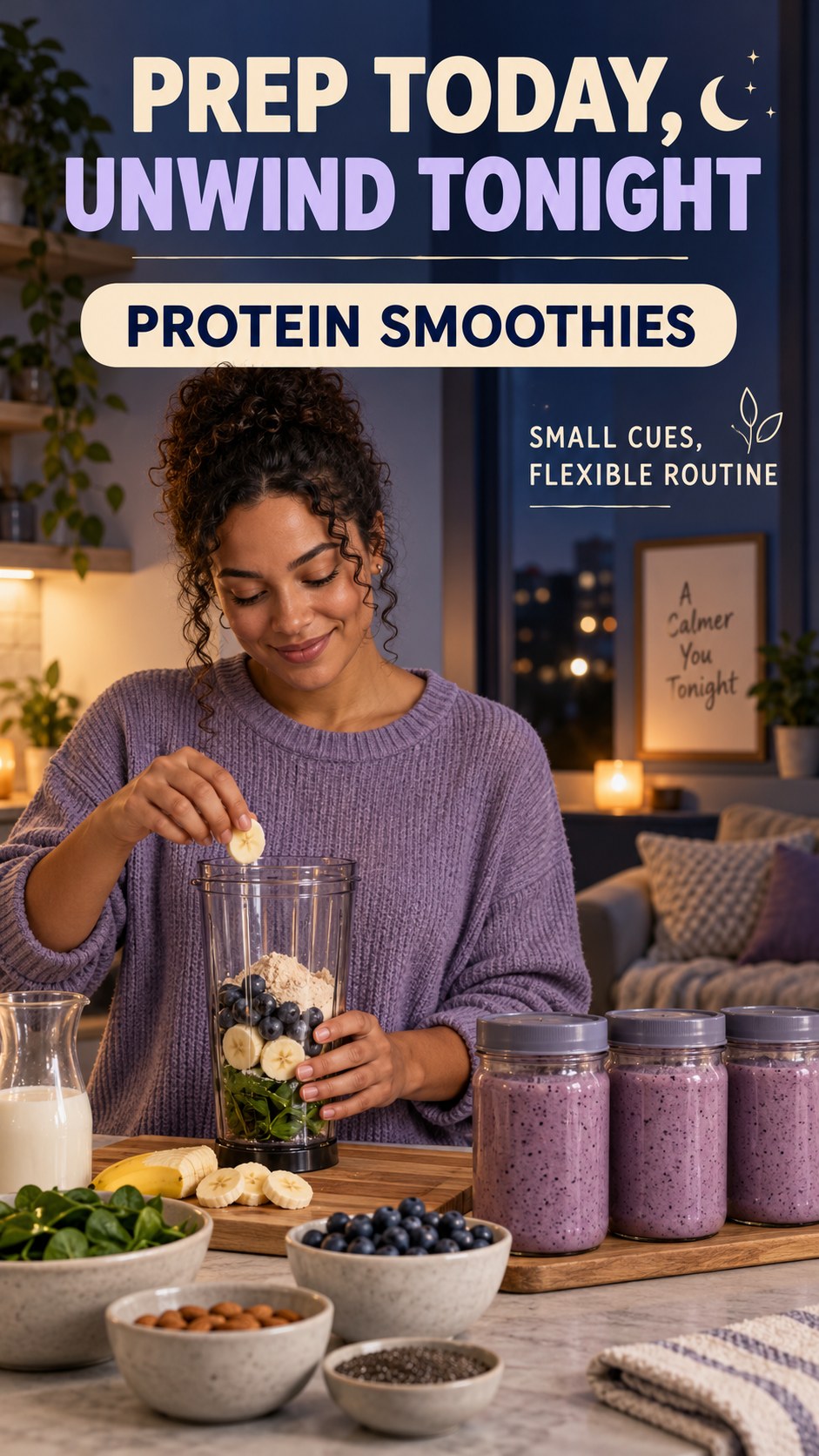 Meal Prep and Sleep Routine infographic for Protein Smoothies, showing a flexible and calming evening wellness routine.