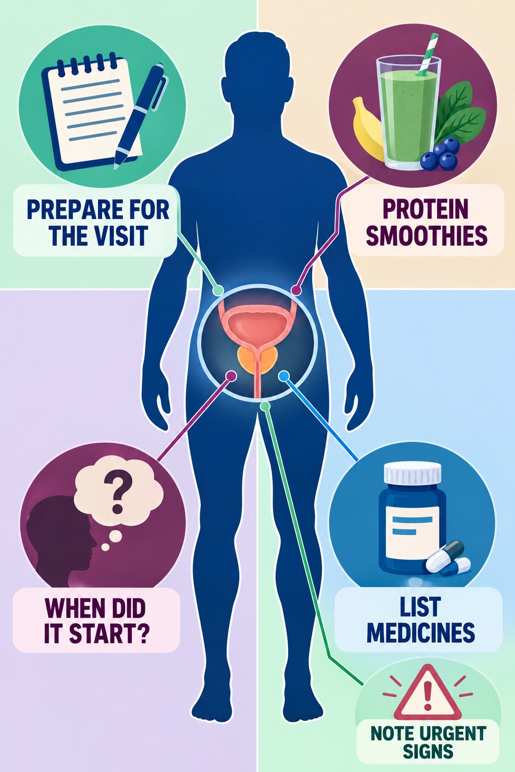 Prepare a Symptom and Medication Summary infographic for Protein Smoothies with four concise prostate-health awareness points.