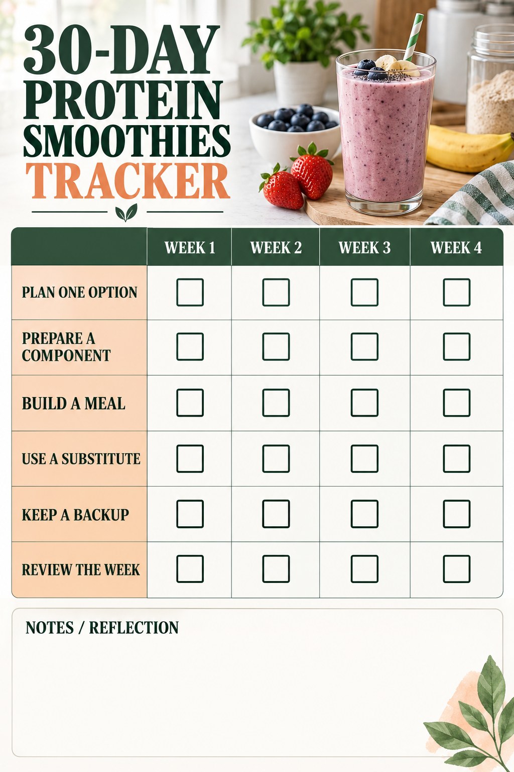 30-Day Protein Smoothies printable-style tracker graphic with six labeled rows, empty checkboxes, and a reflection area.