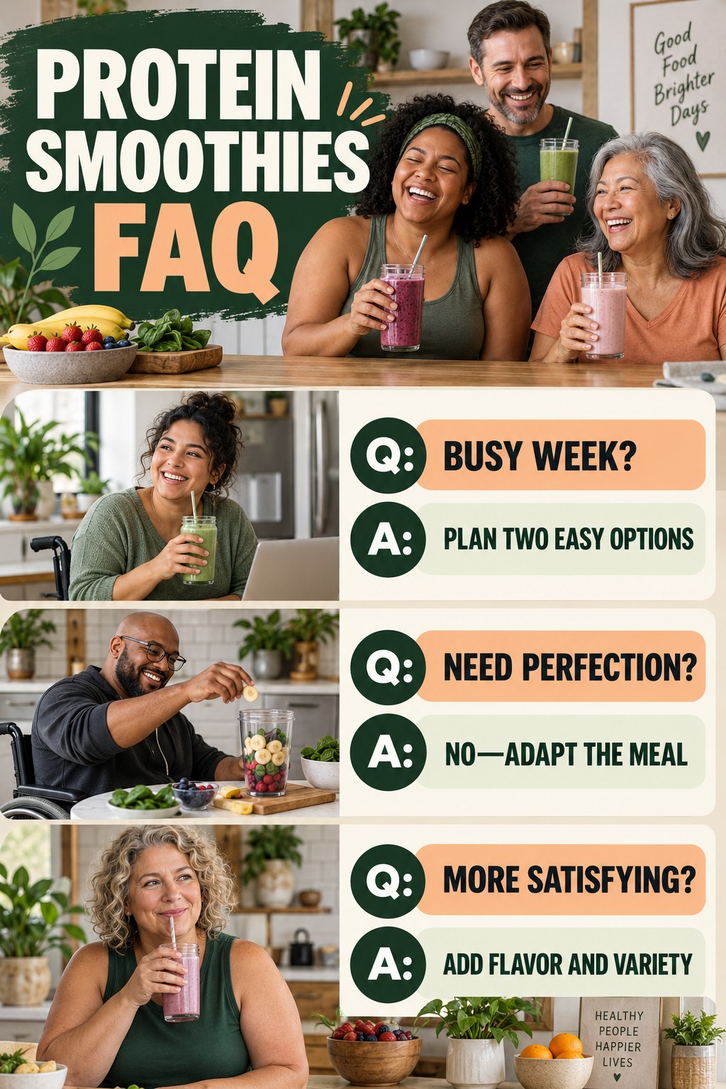 Protein Smoothies FAQ graphic with three concise questions and practical answers for beginners.