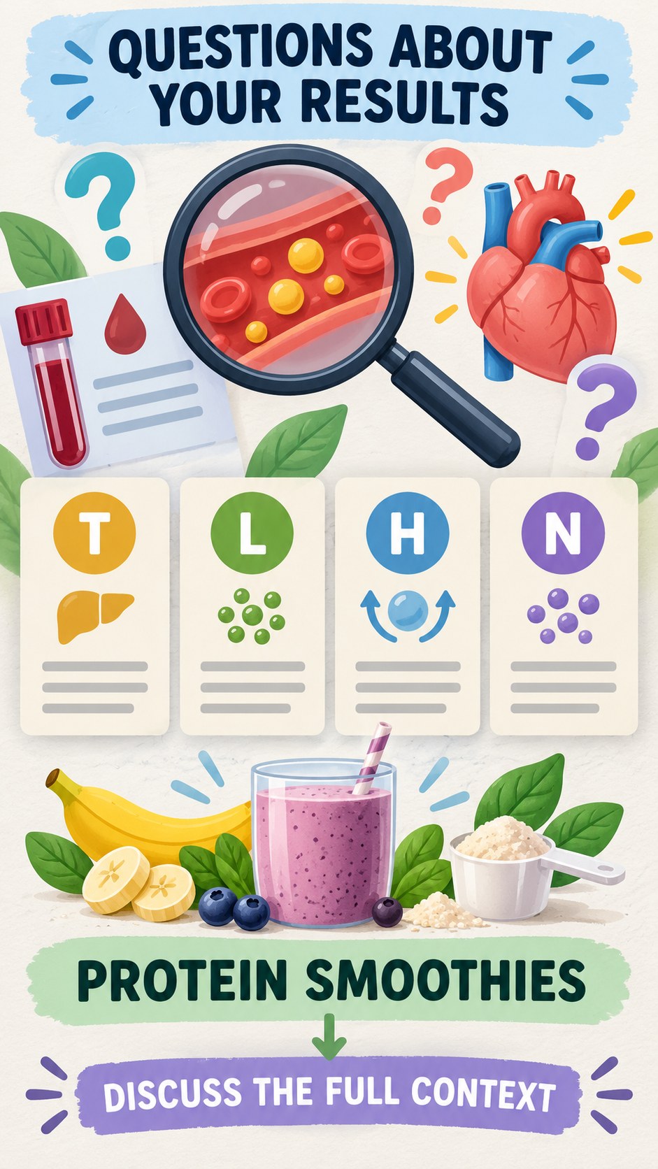 Questions for Your Clinician infographic for Protein Smoothies, using a non-numerical educational lipid-panel layout with question and context icons.