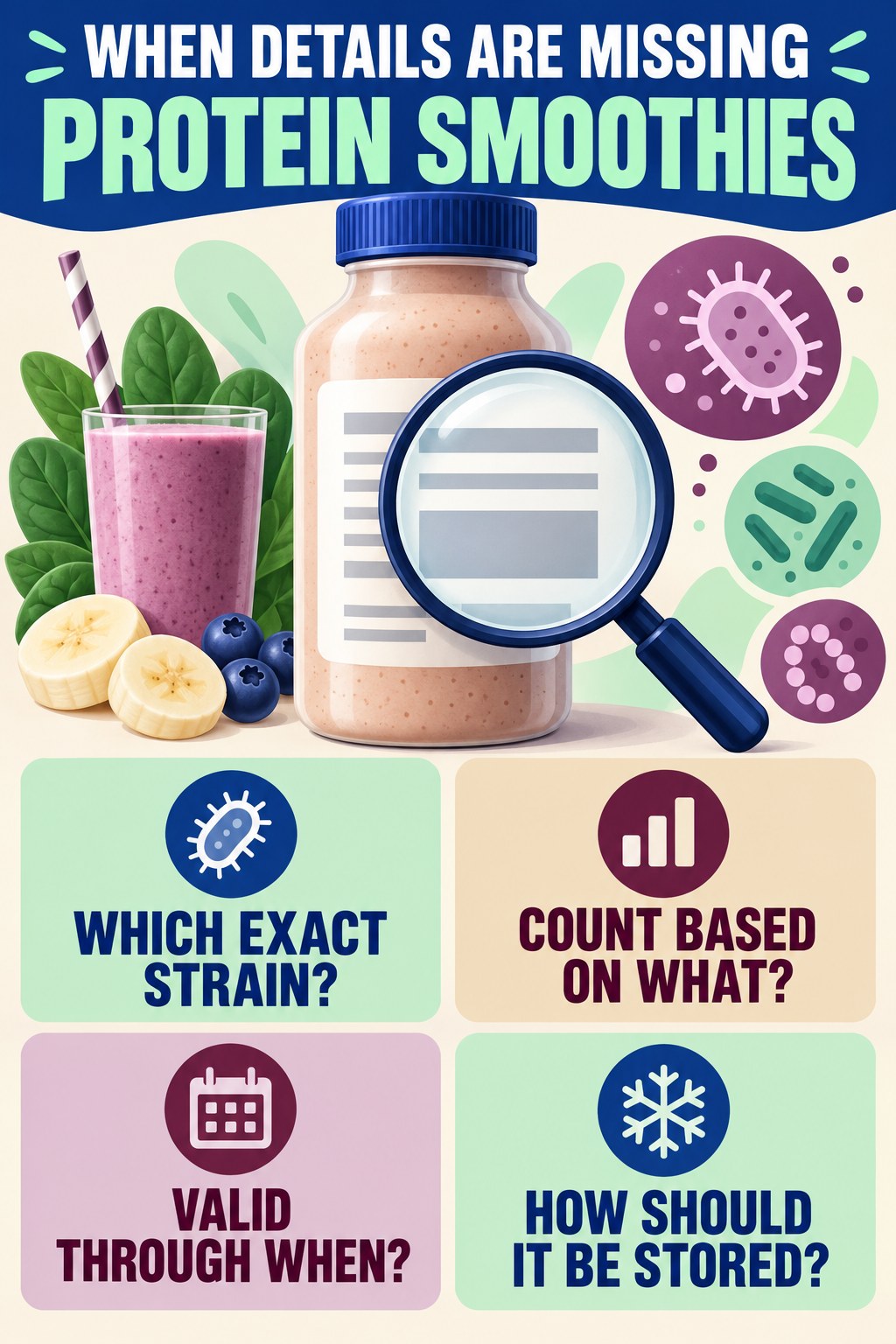 Questions to Ask About an Incomplete Label infographic for Protein Smoothies with four concise probiotic-label reading points.