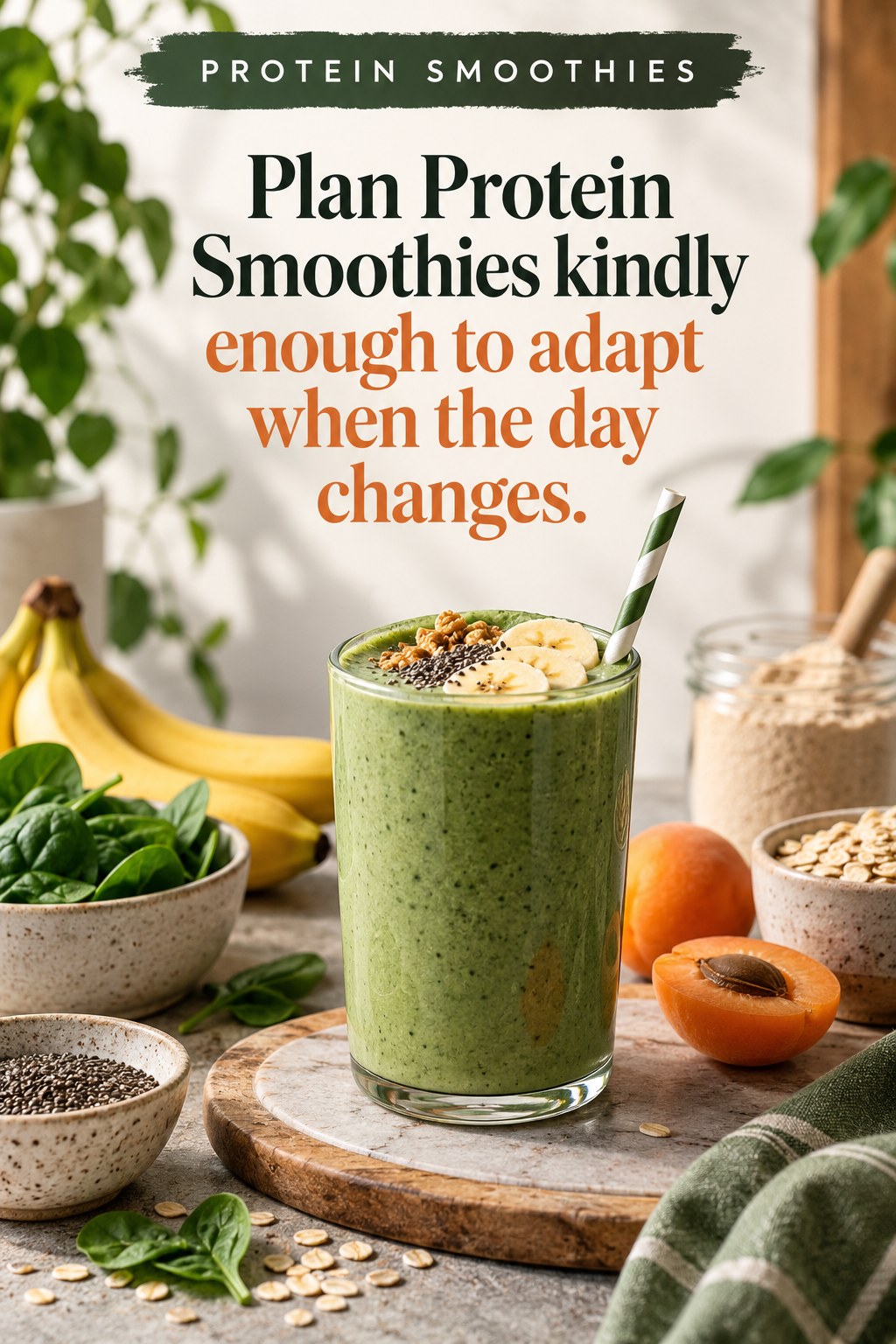 Original Protein Smoothies quote graphic reading “Plan Protein Smoothies kindly enough to adapt when the day changes.” in a board-relevant editorial design.