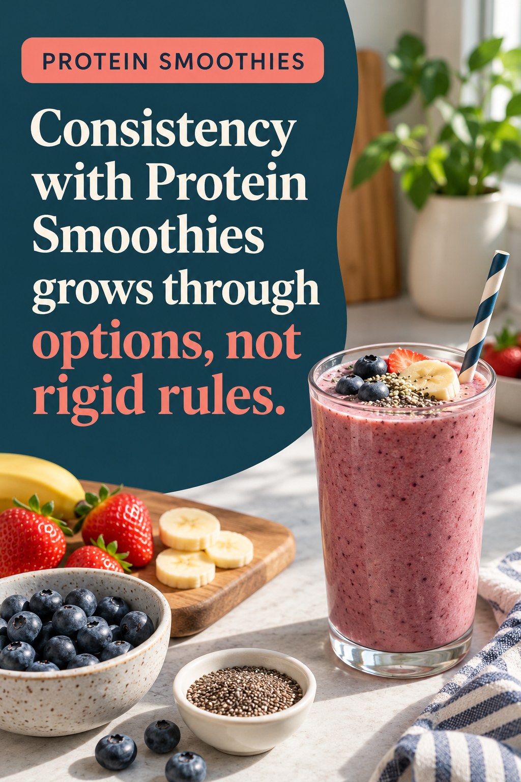 Original Protein Smoothies quote graphic reading “Consistency with Protein Smoothies grows through options, not rigid rules.” in a board-relevant editorial design.