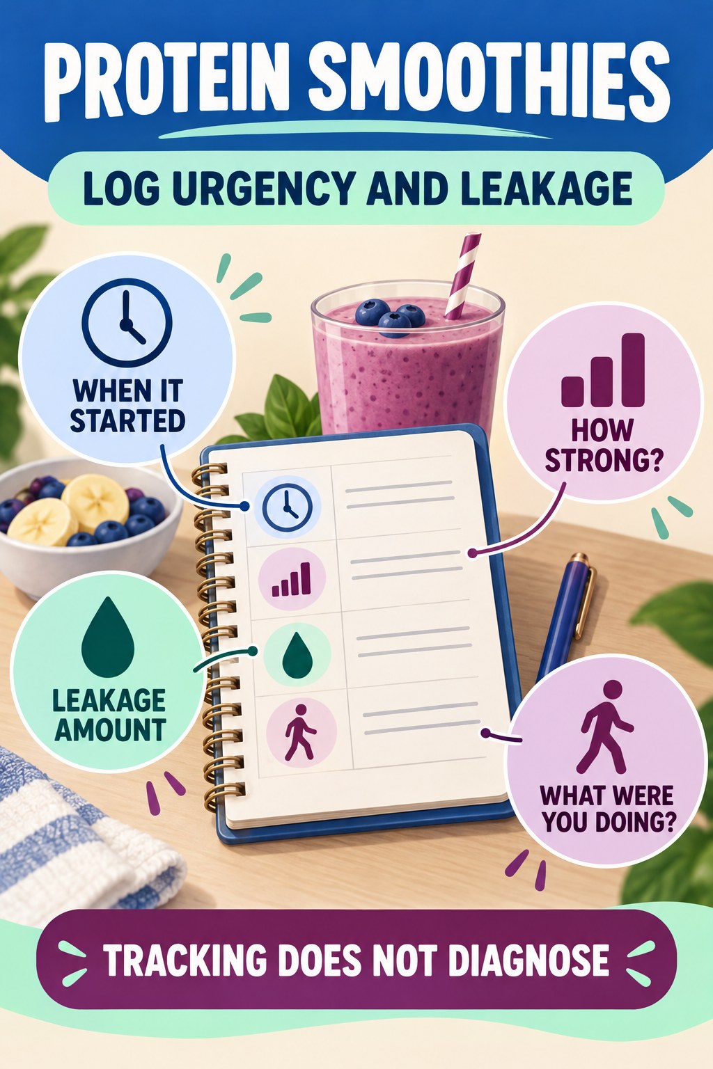 Record Urgency and Leakage Context urinary symptom tracking infographic for Protein Smoothies with four practical diary points and a non-diagnostic reminder.