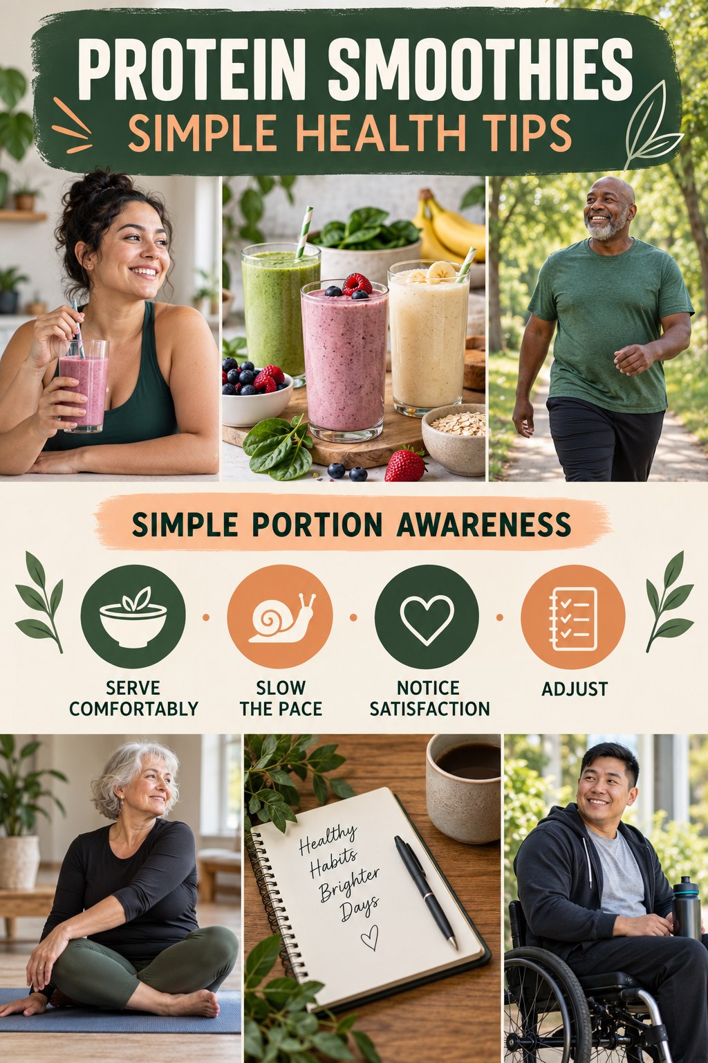 Protein Smoothies simple-health graphic titled Simple Portion Awareness with four practical wellness prompts.