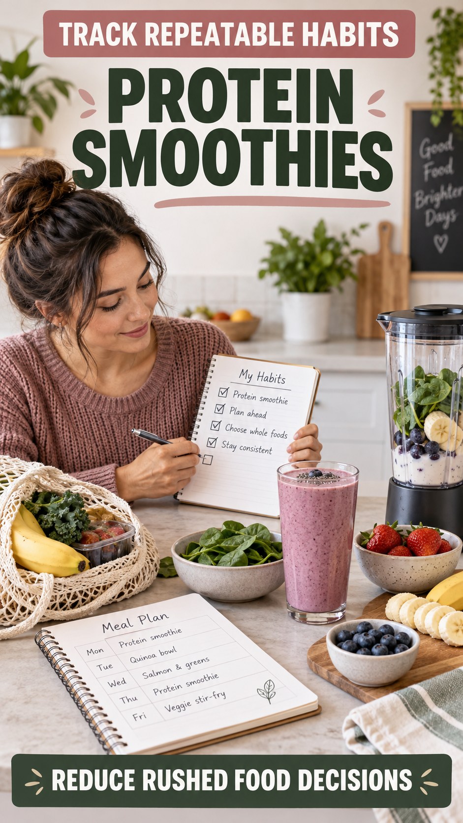 Mindful Meal Decisions infographic for Protein Smoothies, showing practical metabolism-support habits for an active lifestyle.
