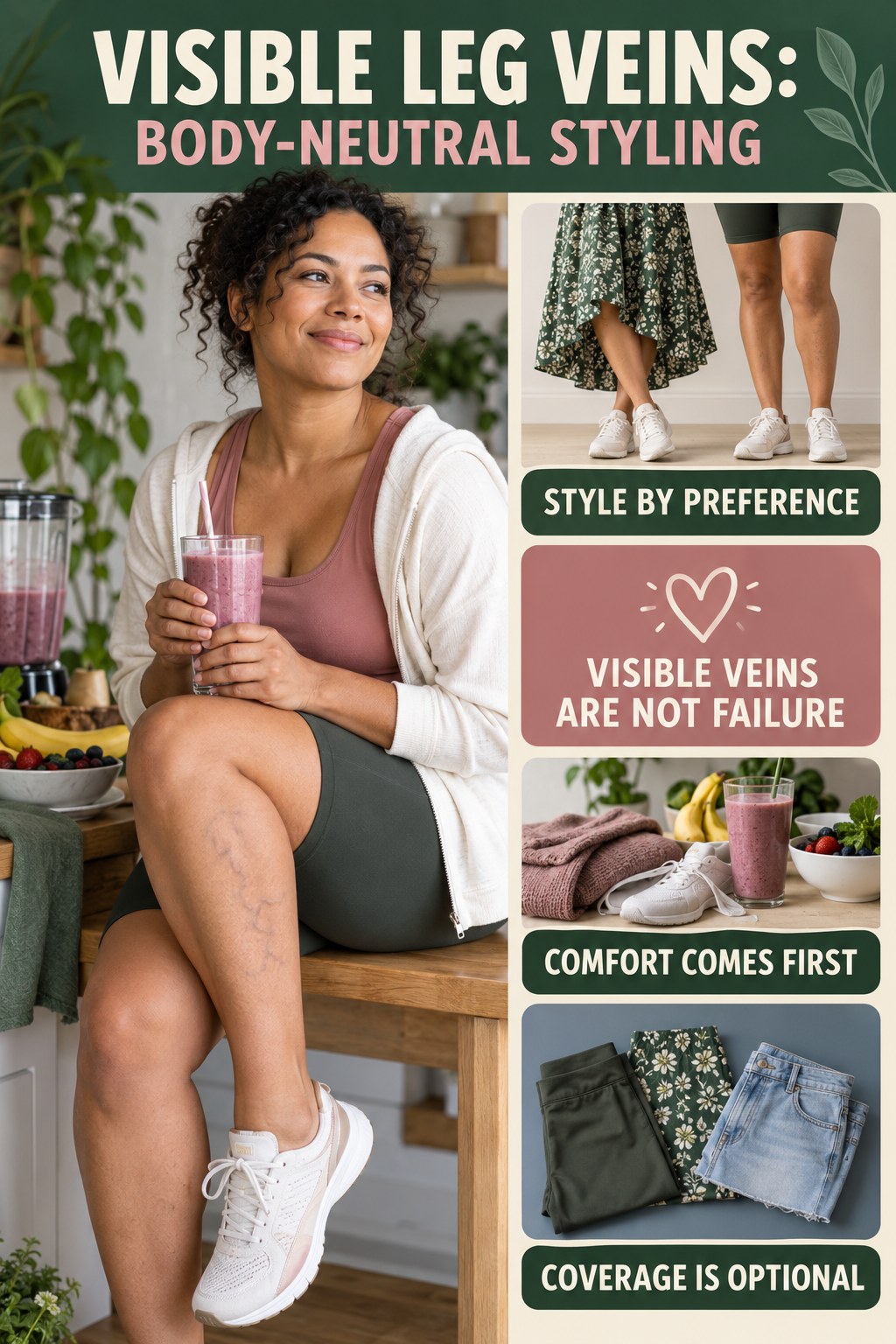 Body-Neutral Styling infographic for Protein Smoothies, showing body-neutral visible-leg-vein appearance care and the boundary between temporary cosmetic support and treatment.