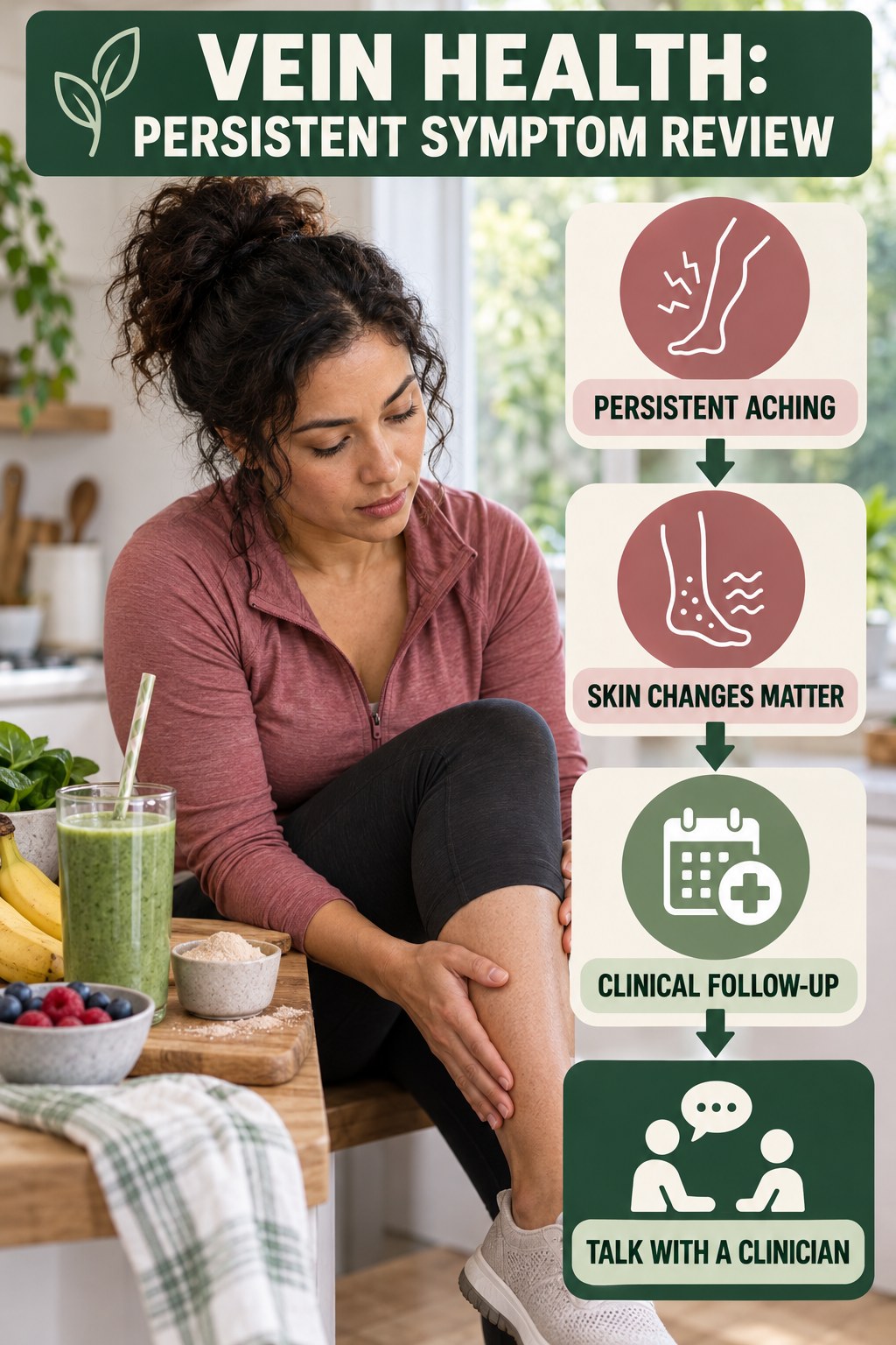 Persistent Symptom Review infographic for Protein Smoothies, explaining vein-health warning signs and the appropriate next action without diagnosing a condition.