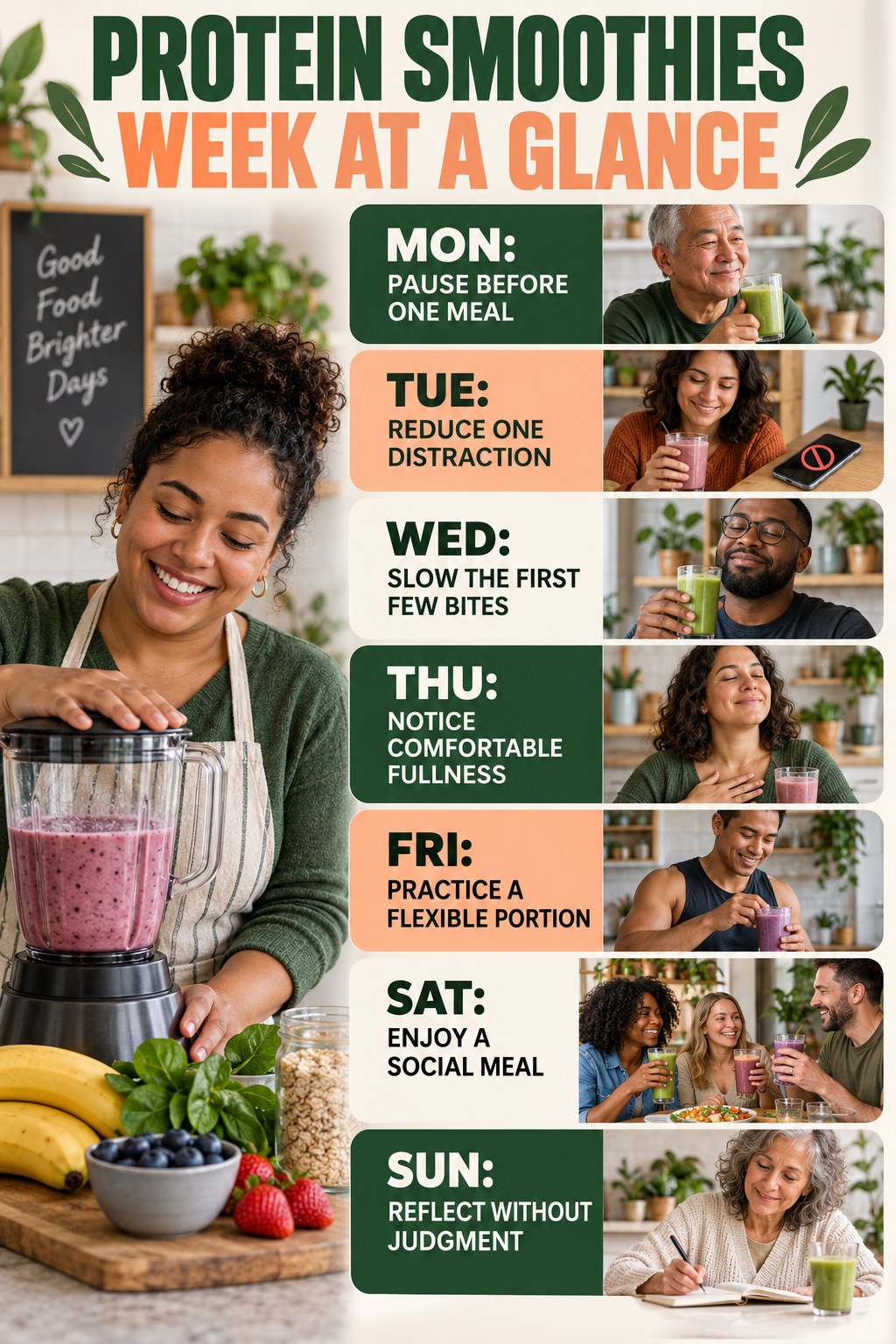 Weekly Protein Smoothies plan graphic with concise Monday-to-Sunday actions and flexible recovery guidance.