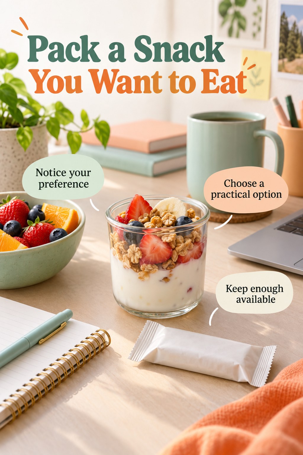 Yogurt and fruit beside a plain wrapped snack bar with prompts about choosing snacks that suit actual preferences.