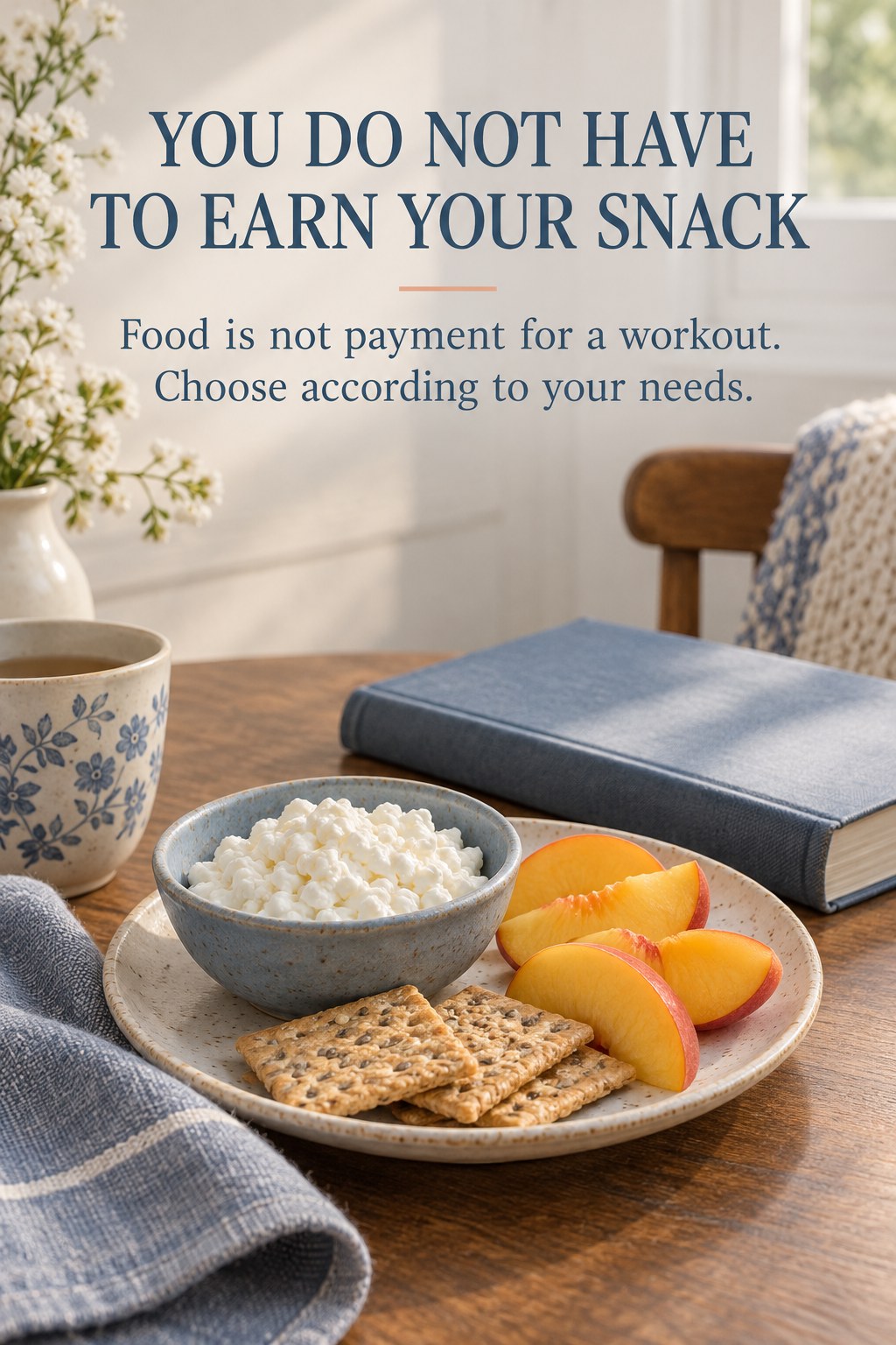 Cottage cheese, peach slices, and crackers on a small table beside a reminder that snacks do not have to be earned.